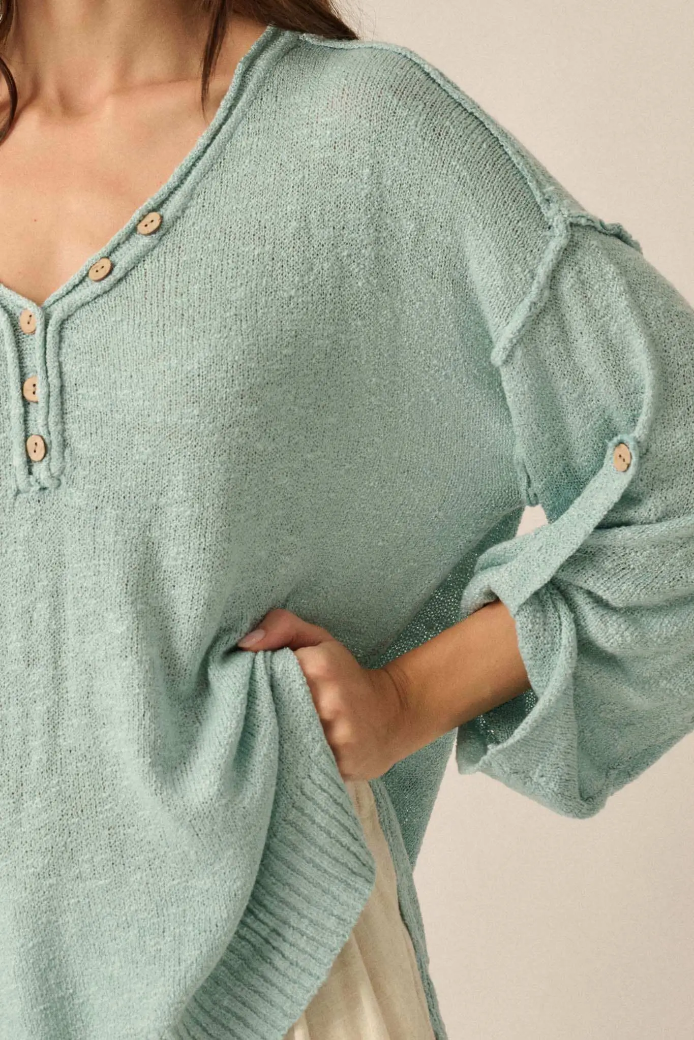 Slow Your Roll Exposed-Seam Roll-Up Henley Sweater - Image 5