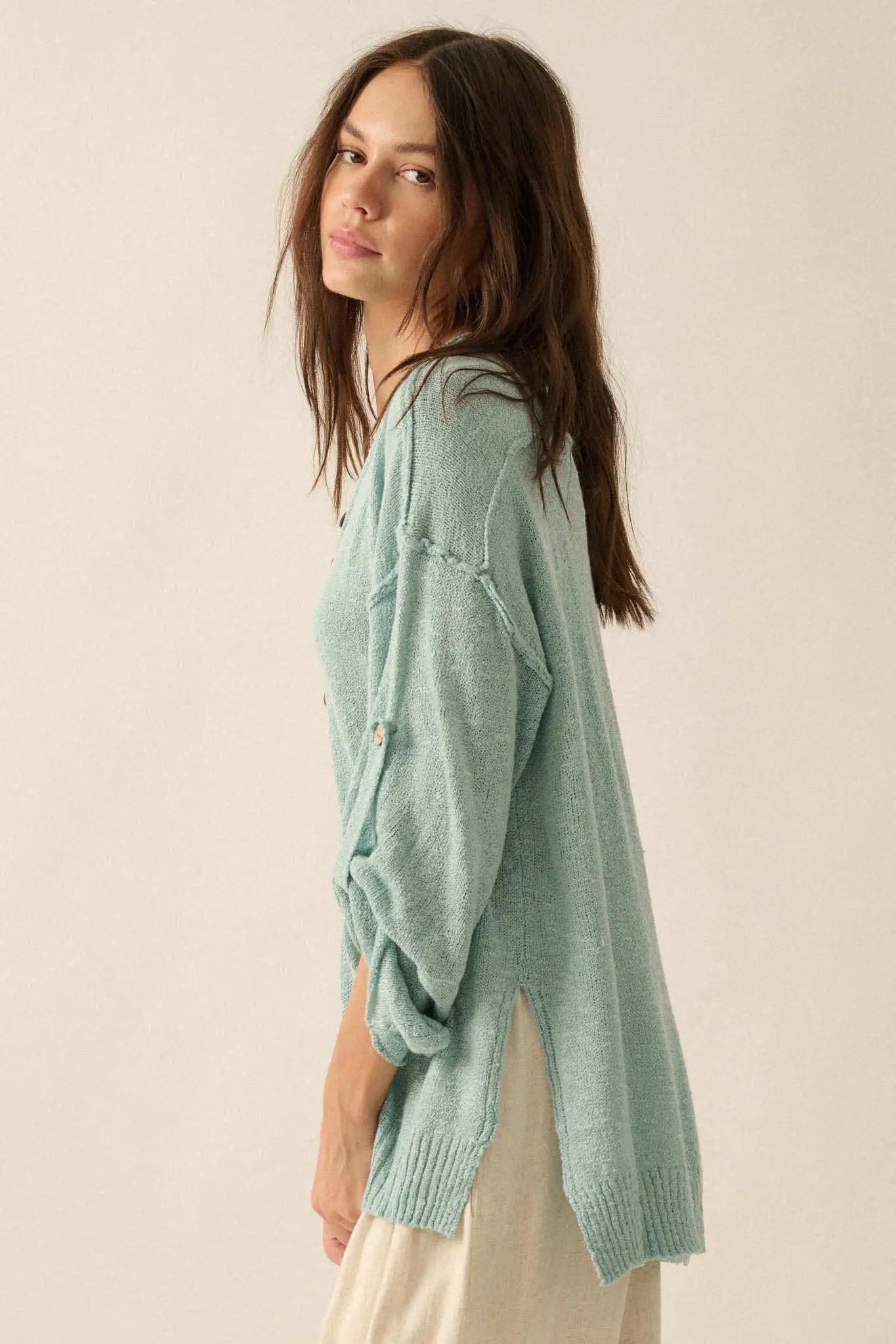 Slow Your Roll Exposed-Seam Roll-Up Henley Sweater - Image 7