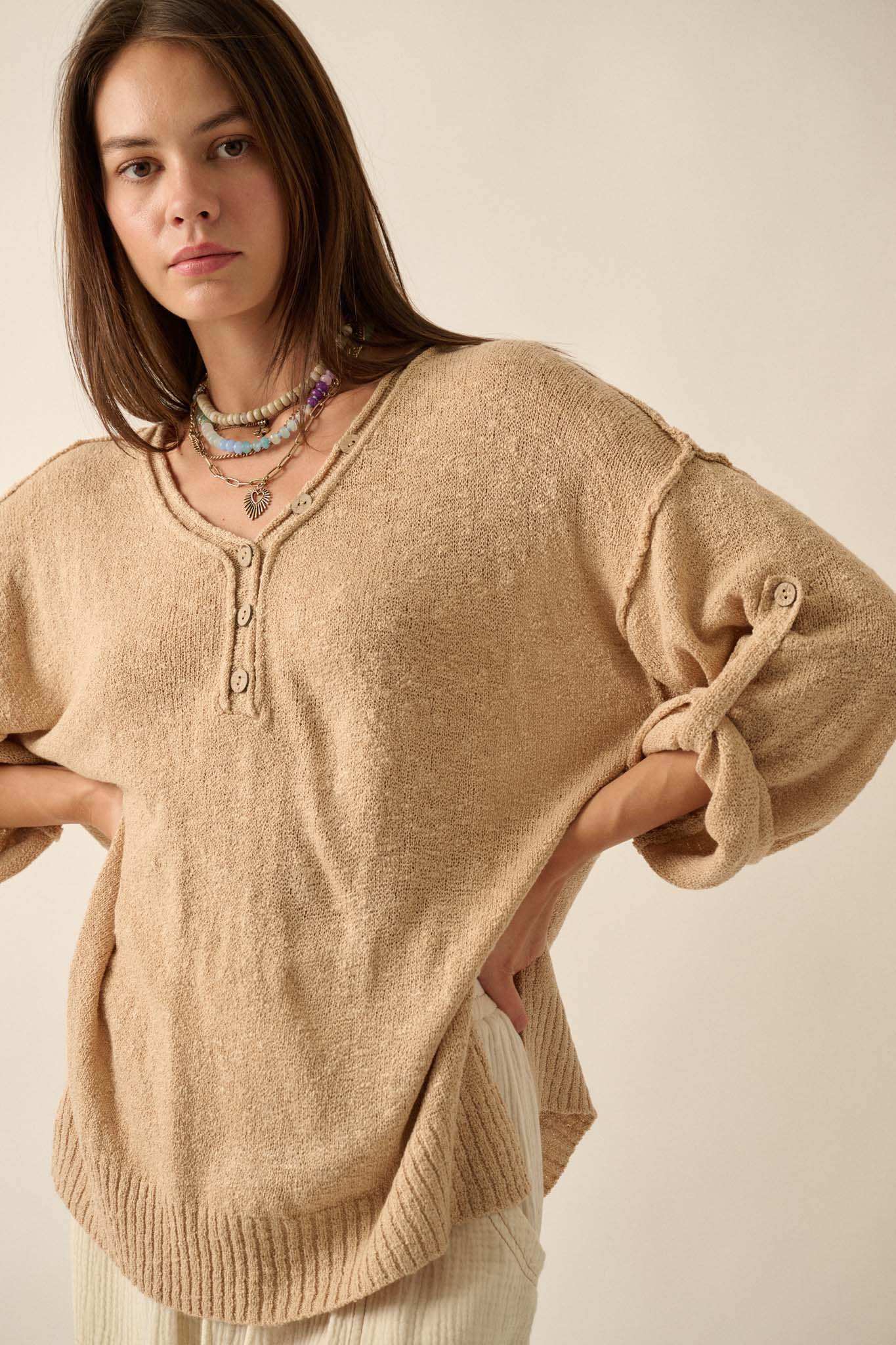 Slow Your Roll Exposed-Seam Roll-Up Henley Sweater - Image 9