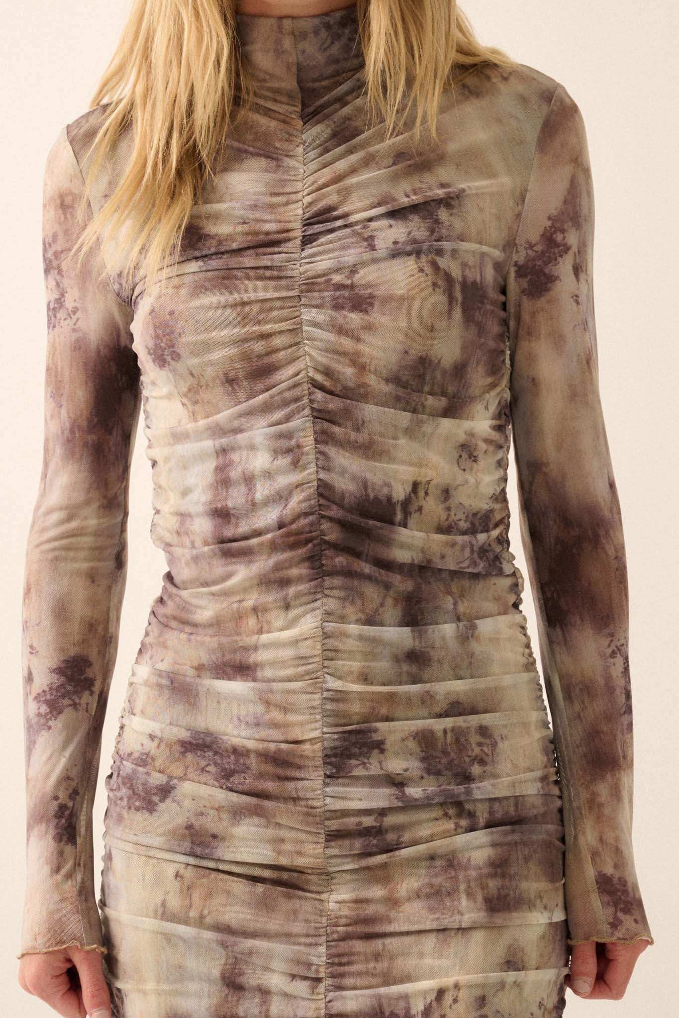 Smoke and Mirrors Ruched Tie-Dye Mesh Mini Dress - Image 8