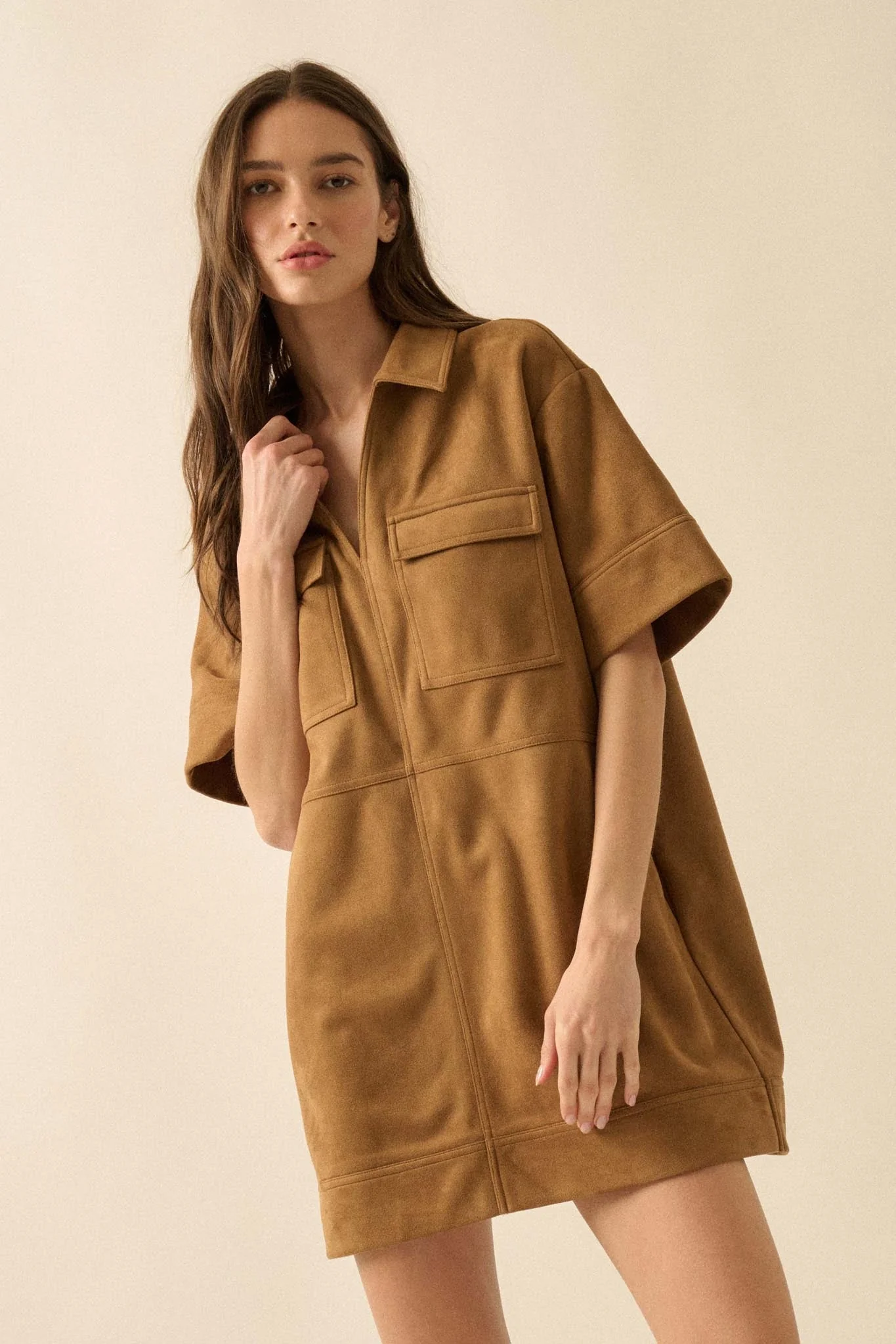 Soft Option Vegan Suede Mini Tunic Shirt Dress - Image 7