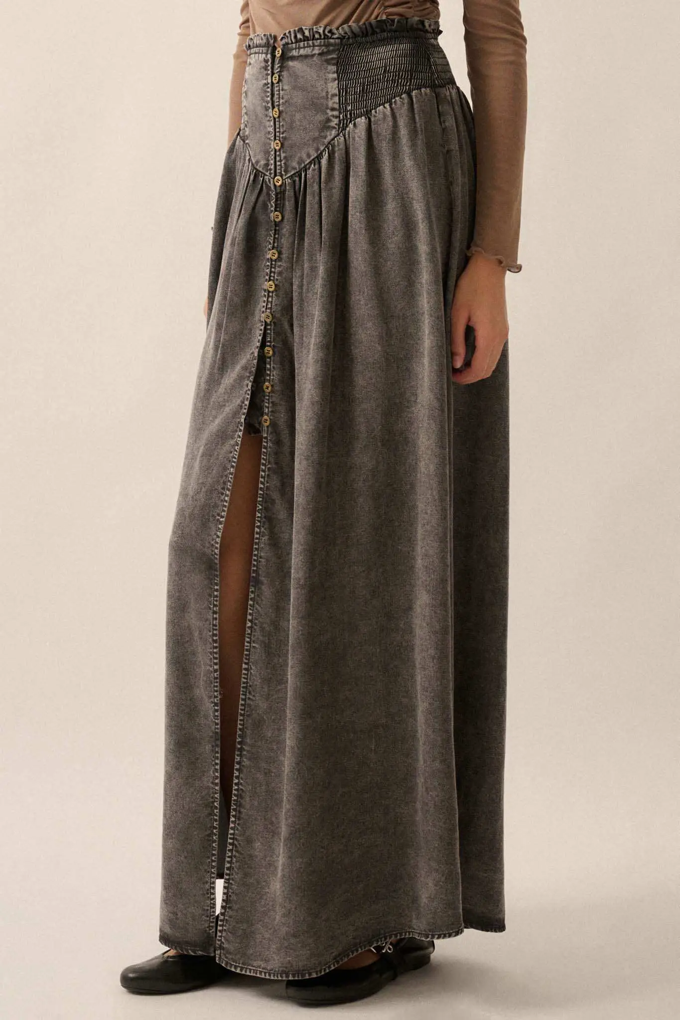 Softest Storm Acid-Wash Denim Buttoned Maxi Skirt - Image 5