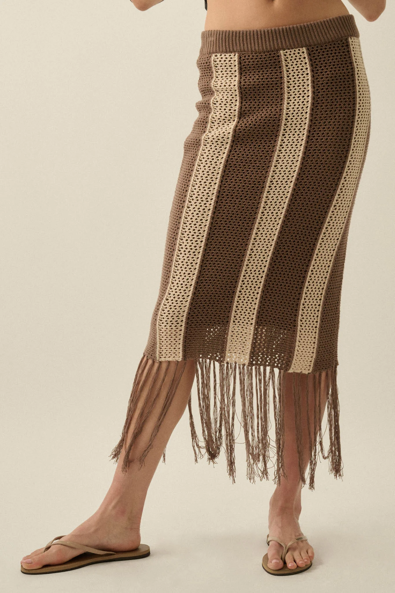 Someday Soon Striped Crochet-Knit Fringe Midi Skirt - Image 4