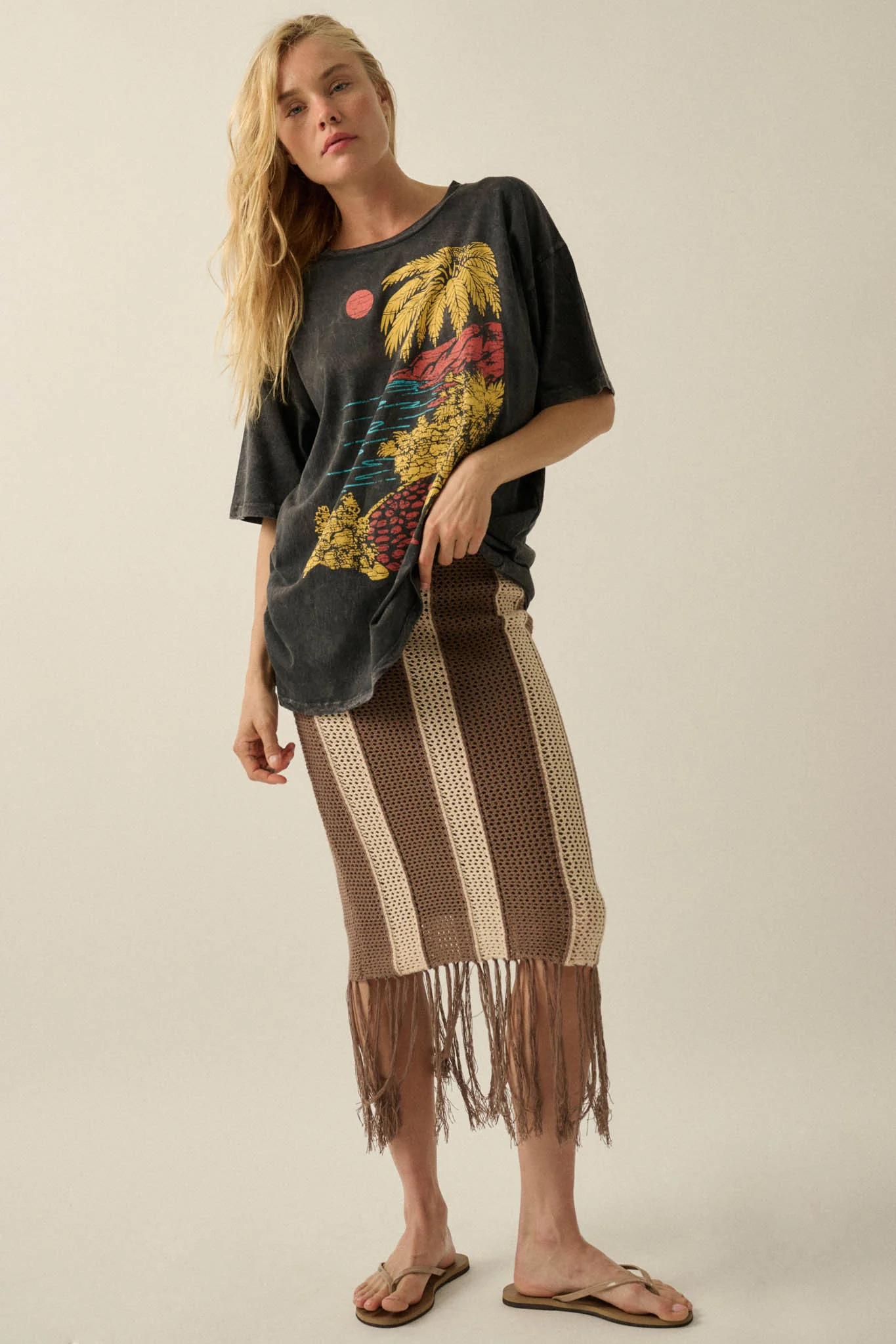 Someday Soon Striped Crochet-Knit Fringe Midi Skirt - Image 5