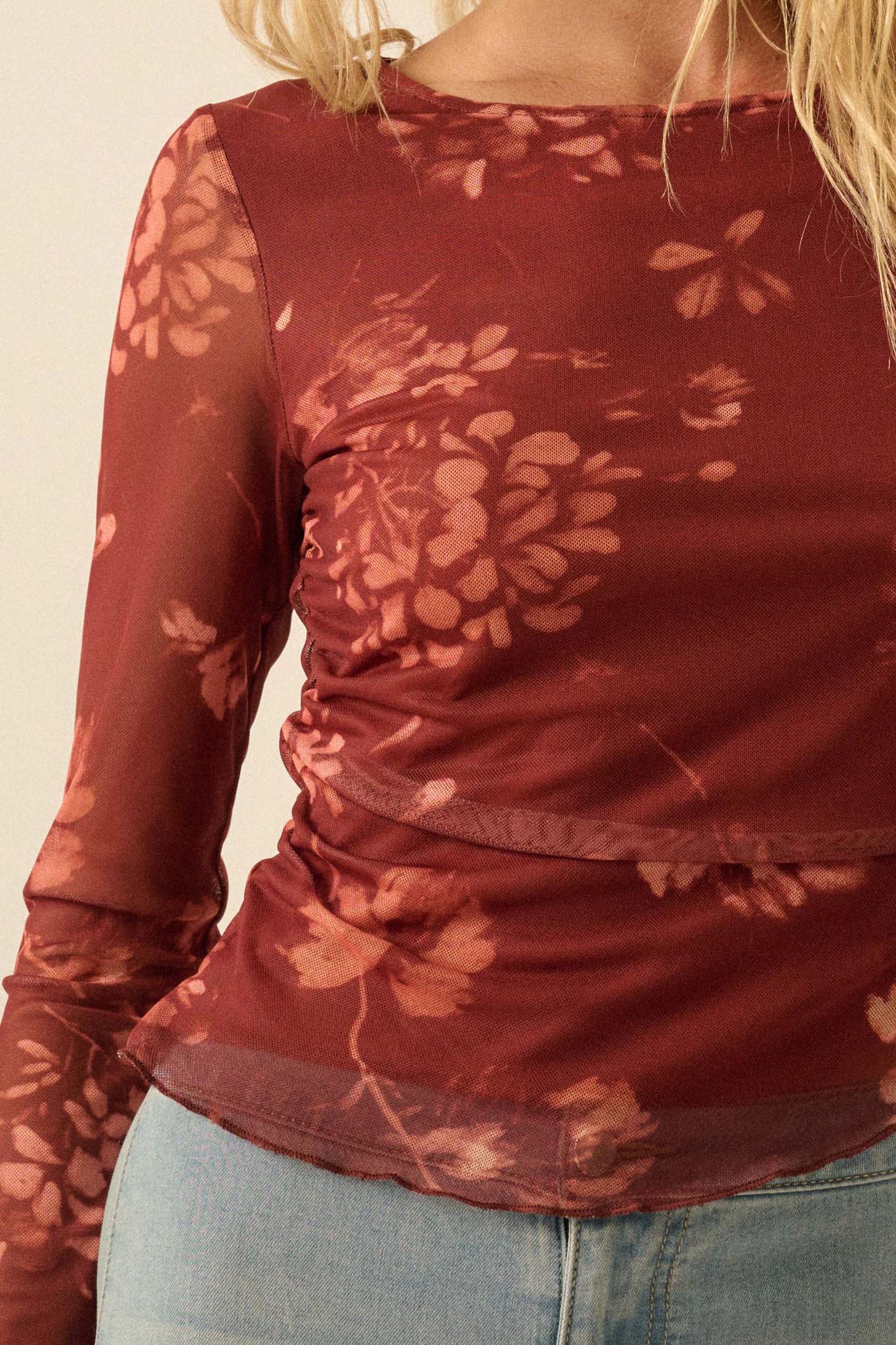 Spice It Up Floral Mesh Ruched Asymmetrical Top - Image 3