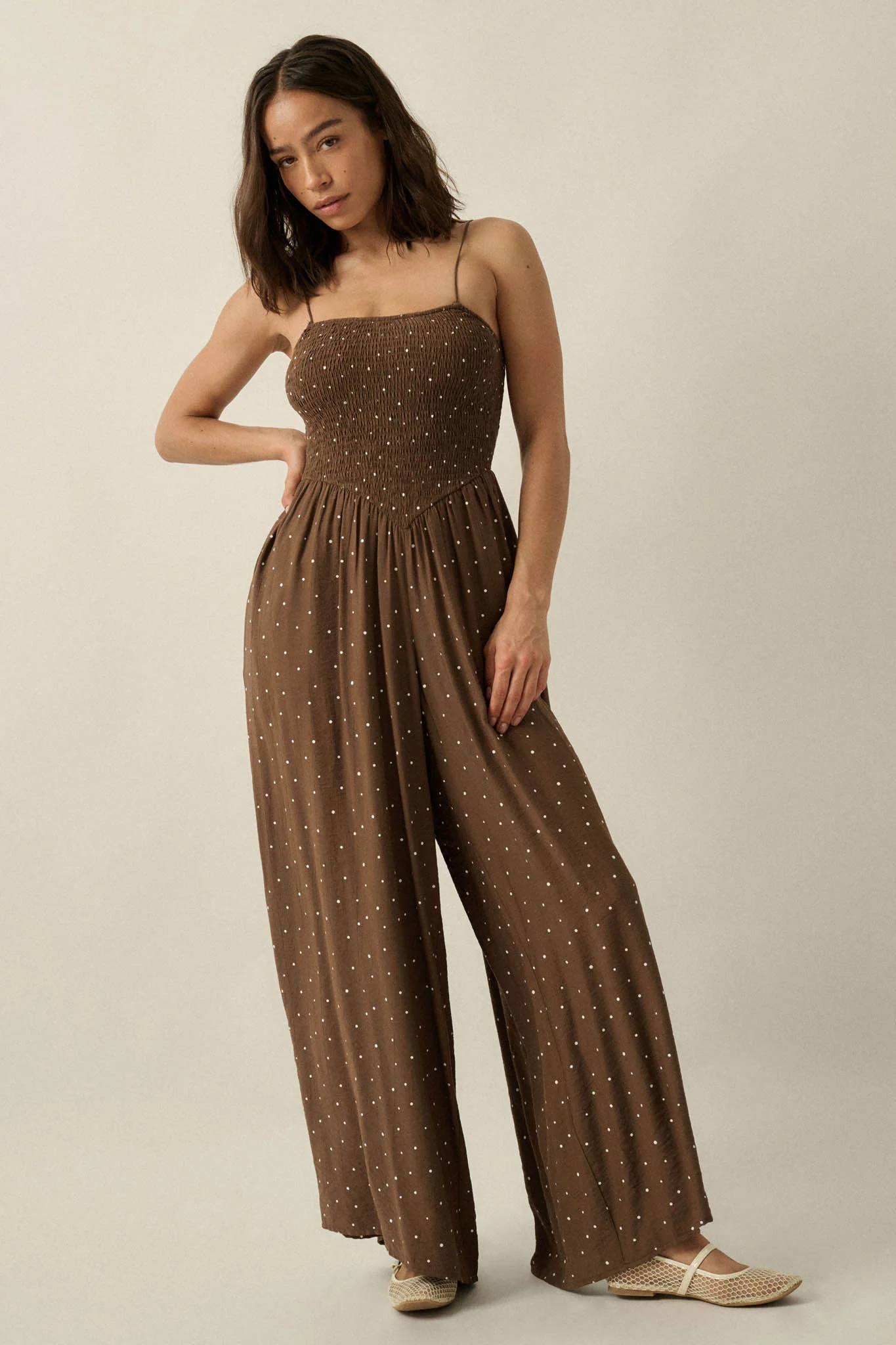 Spot On Polka Dot Smocked Wide-Leg Jumpsuit - Image 10