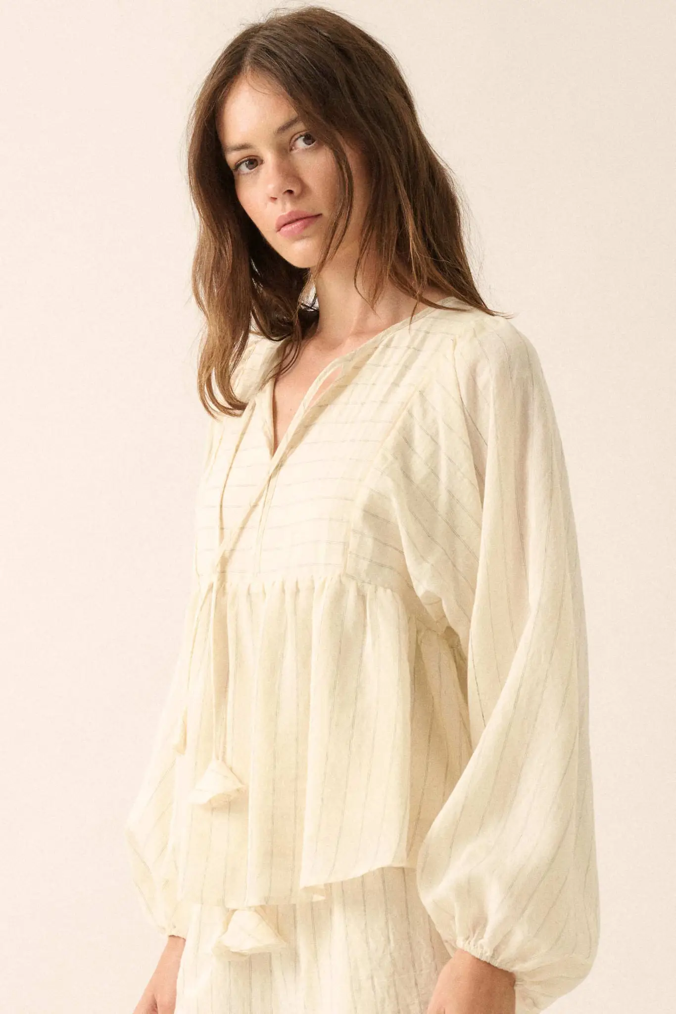 Spring Breeze Pinstripe Babydoll Peasant Top - Image 11