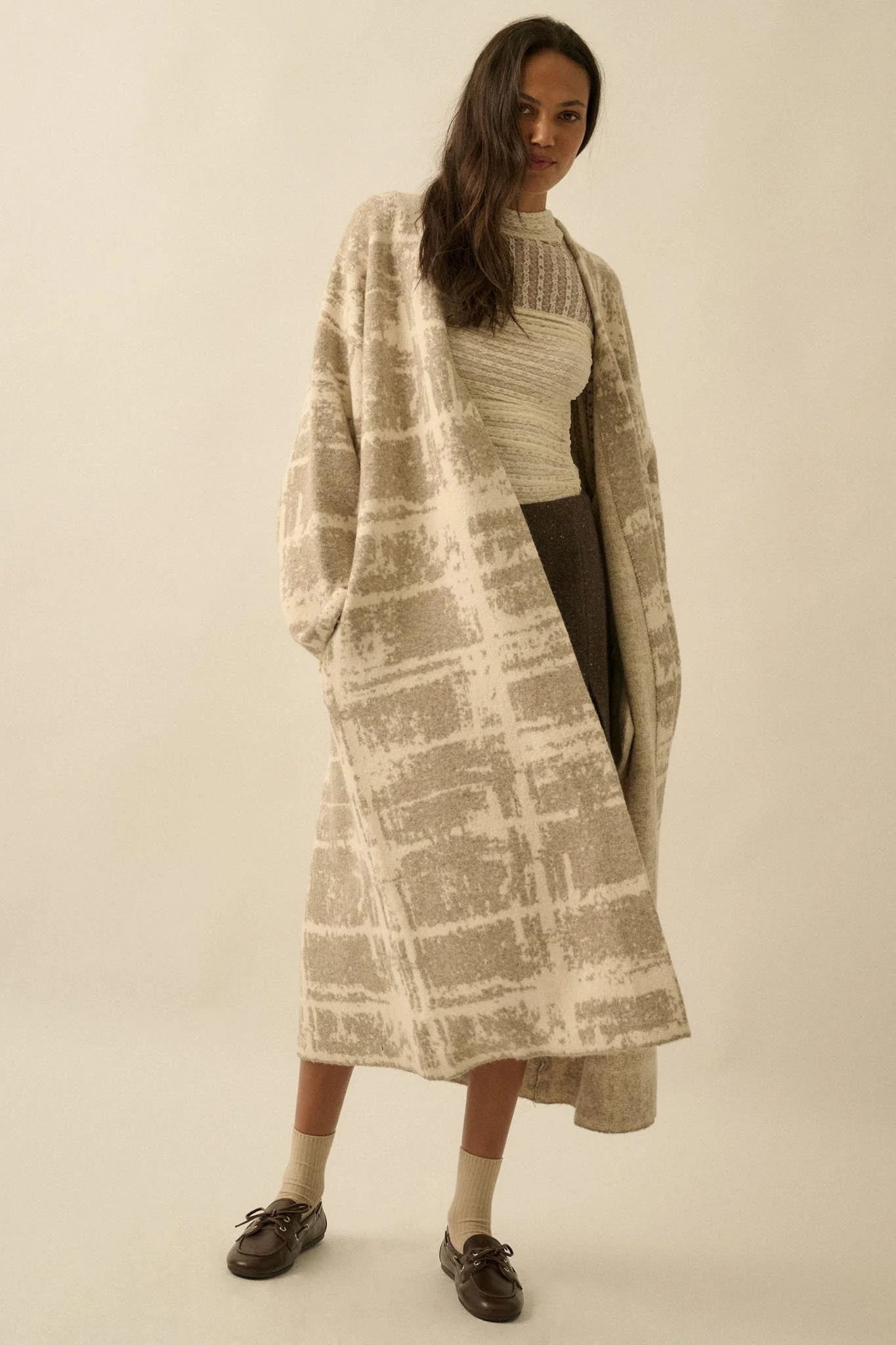 Square One Plaid Jacquard-Knit Duster Cardigan - Image 10