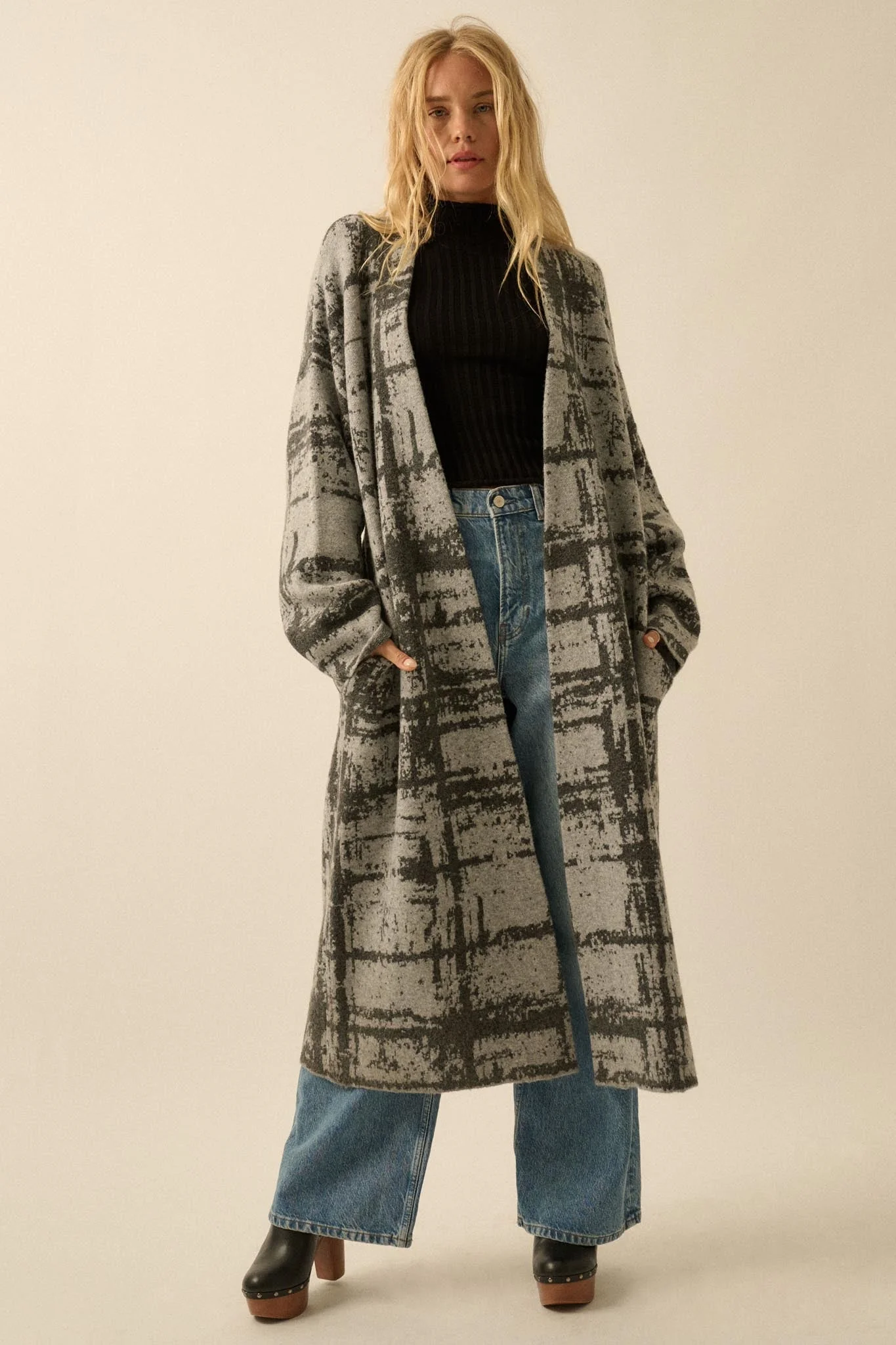 Square One Plaid Jacquard-Knit Duster Cardigan - Image 4