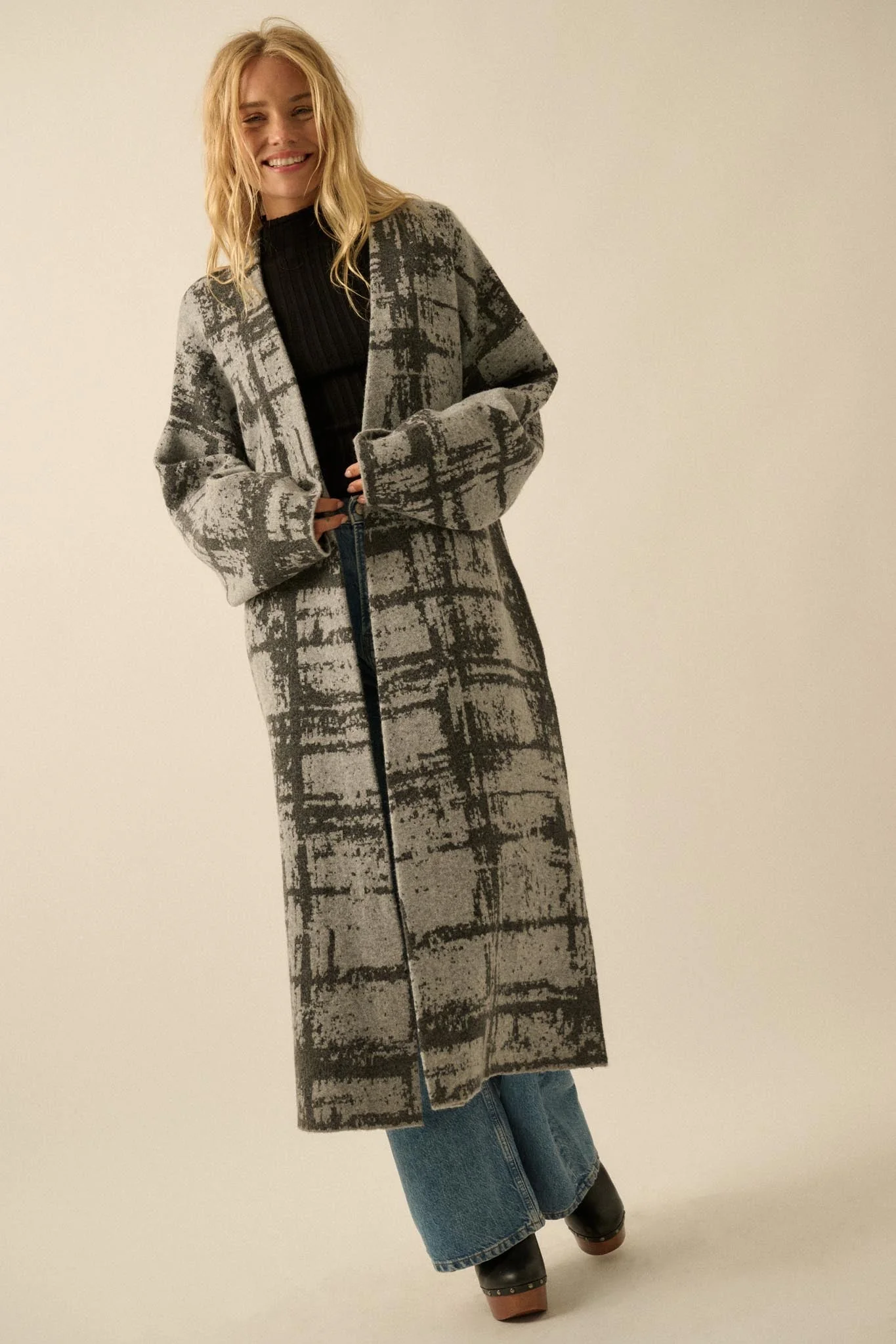 Square One Plaid Jacquard-Knit Duster Cardigan - Image 6