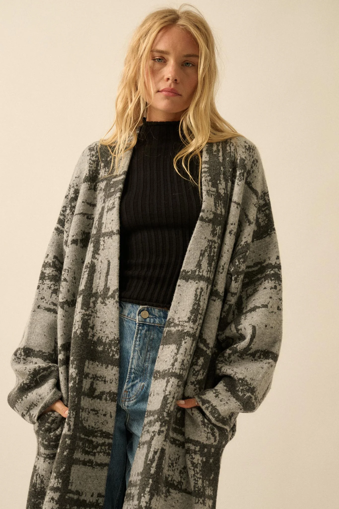 Square One Plaid Jacquard-Knit Duster Cardigan - Image 8