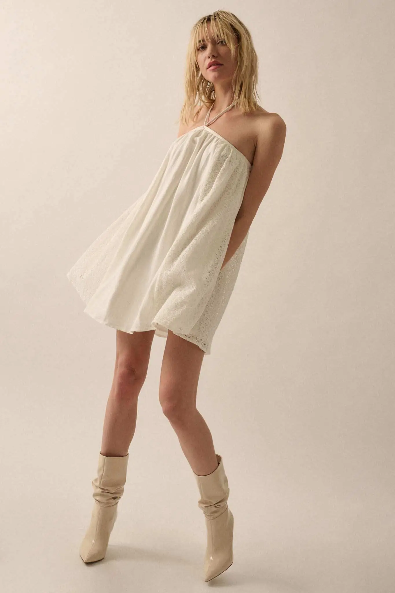 Starting Fresh Lace-Panel Mini Halter Swing Dress - Image 4
