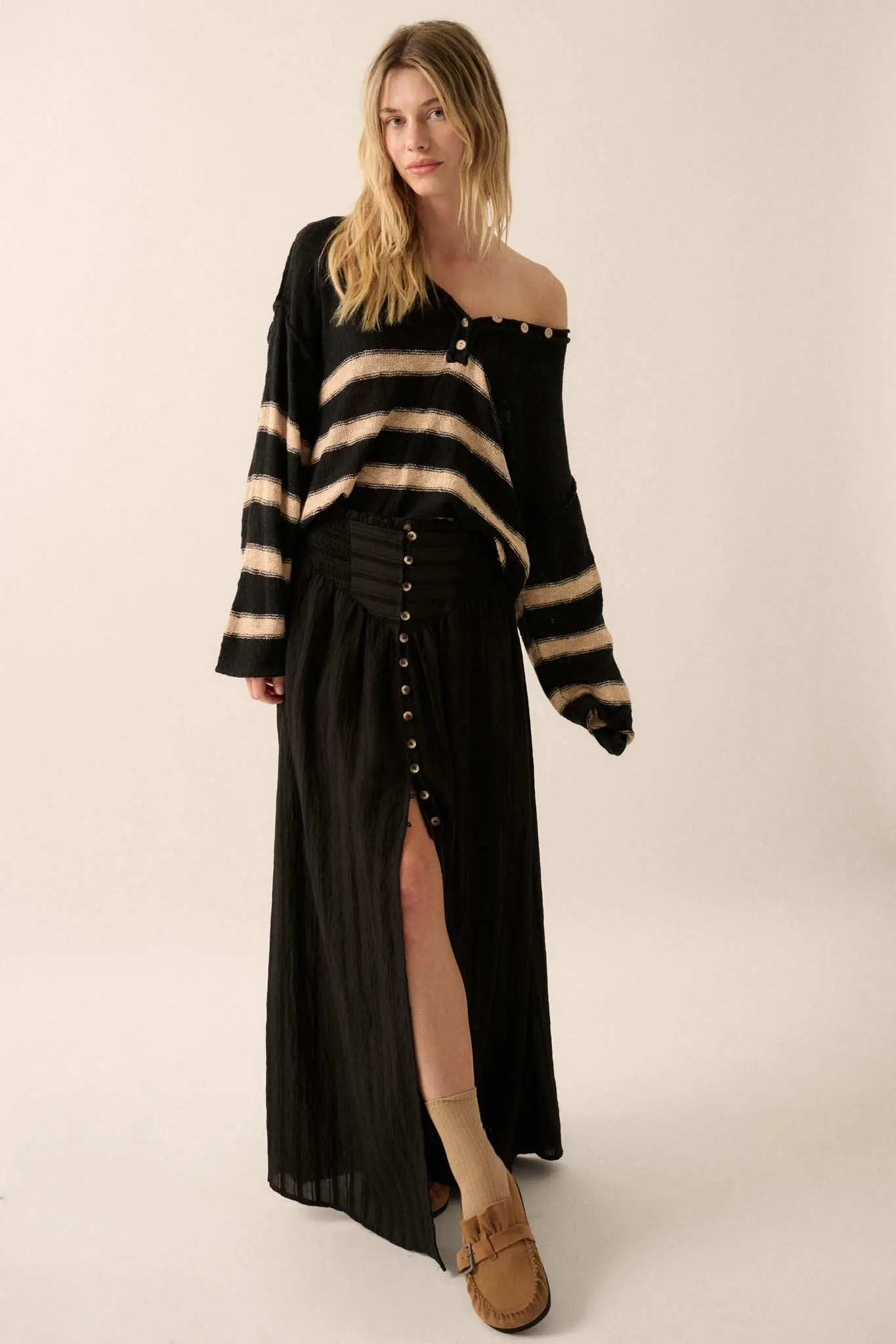 Starting Now Tonal-Stripe Button-Front Maxi Skirt - Image 10