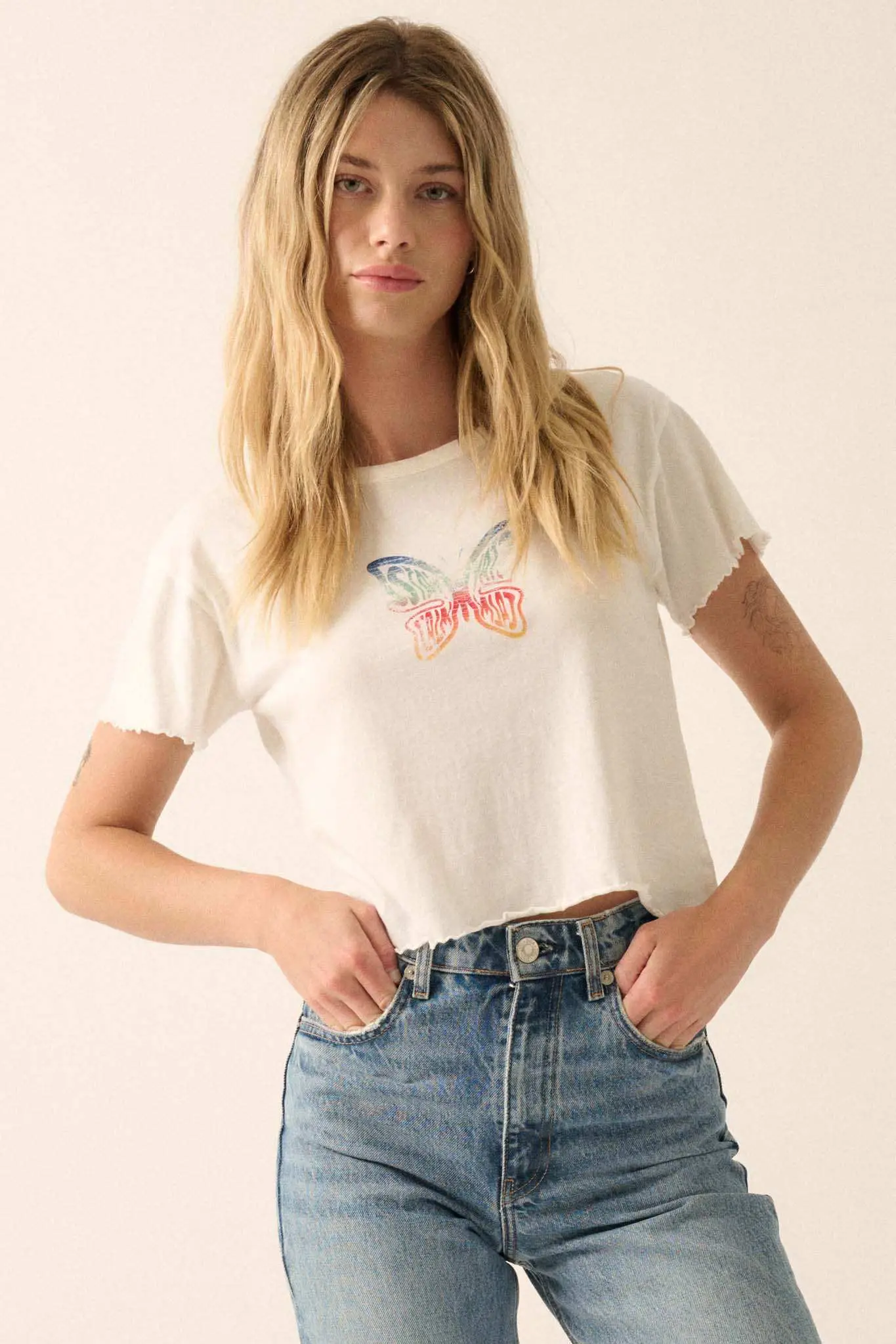 Stay Calm Rainbow Butterfly Graphic Baby Tee - Image 4