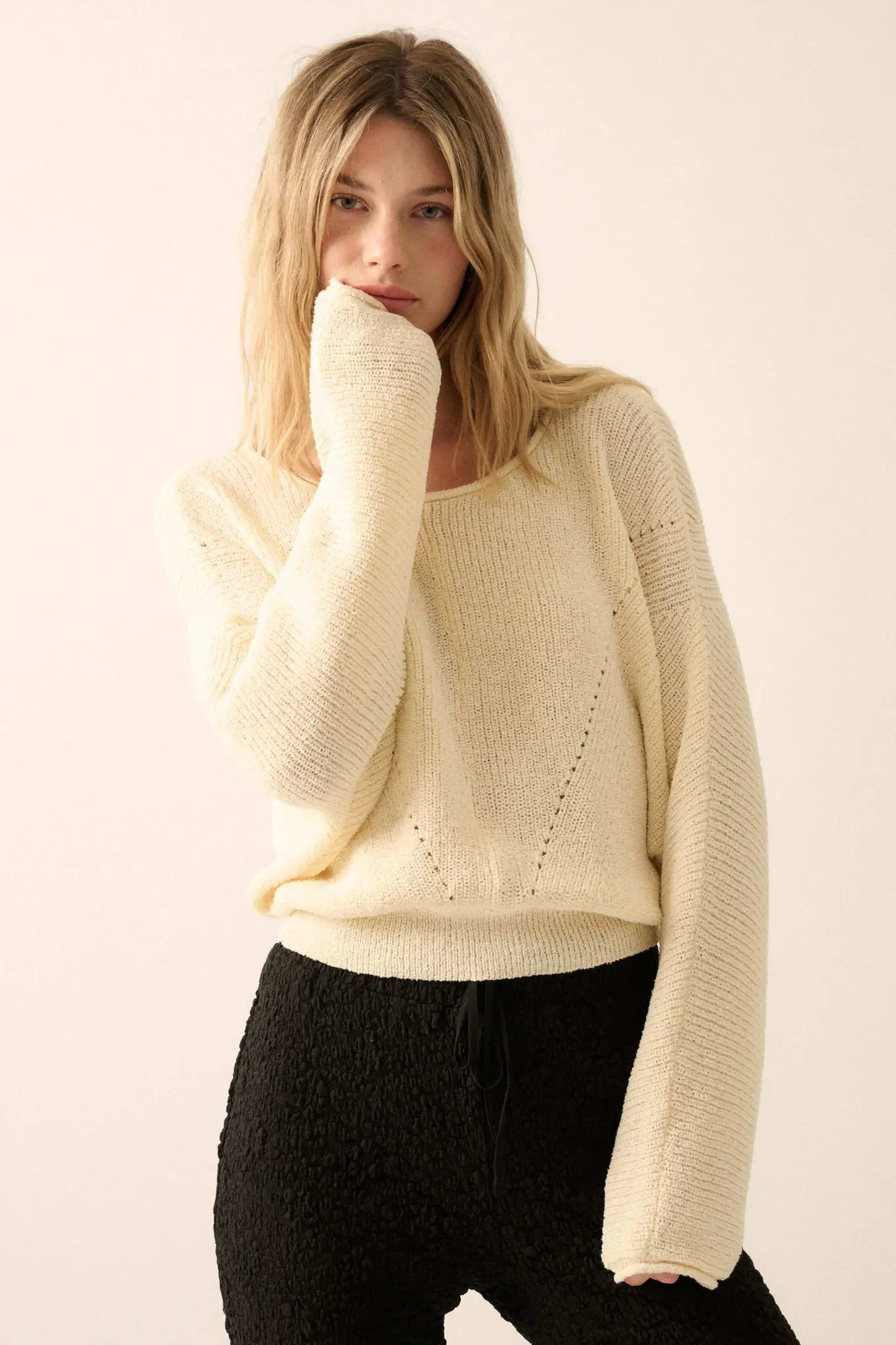 Stay True Rolled Edge Pointelle Rib-Knit Sweater