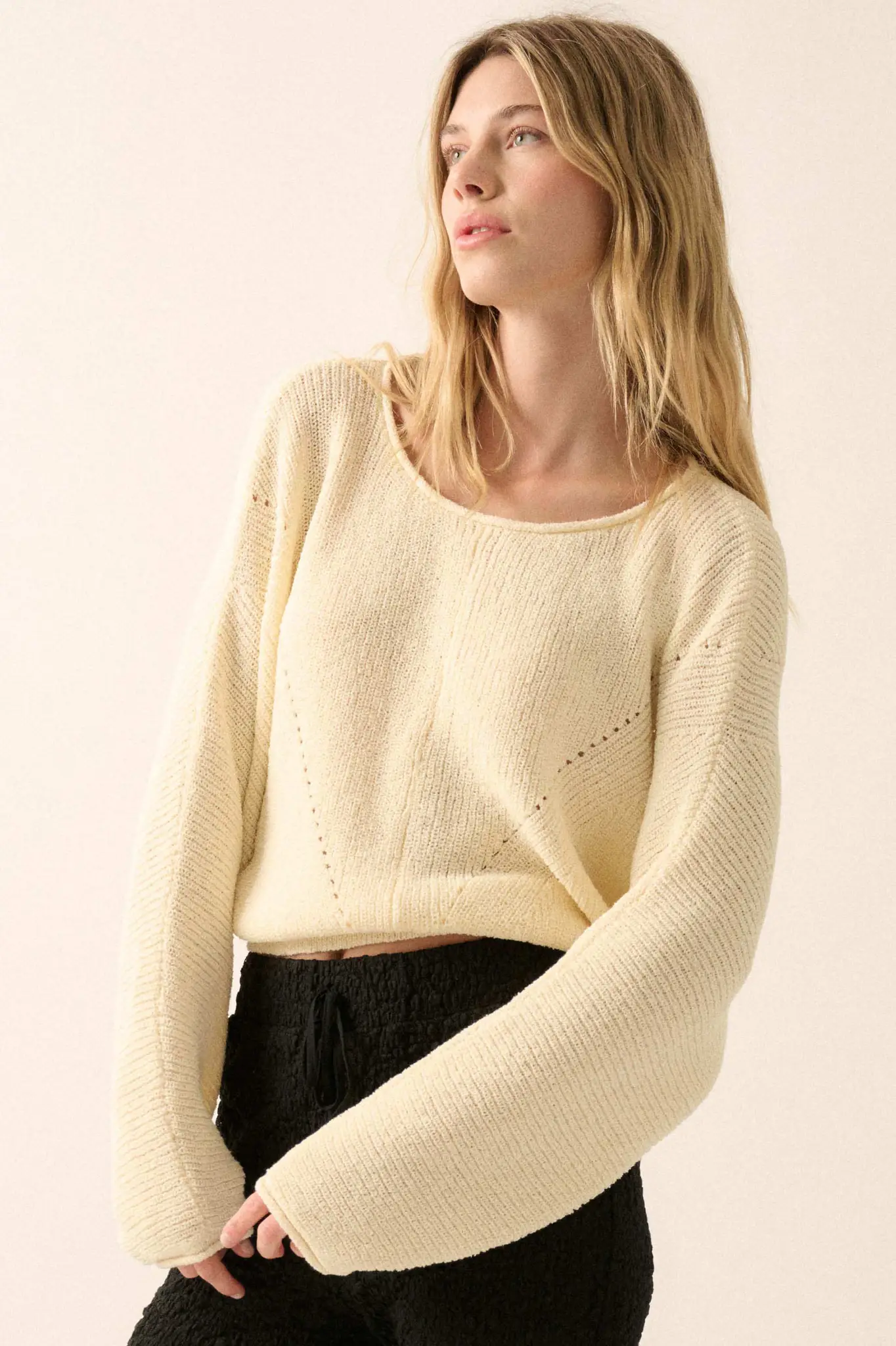 Stay True Rolled Edge Pointelle Rib-Knit Sweater - Image 6