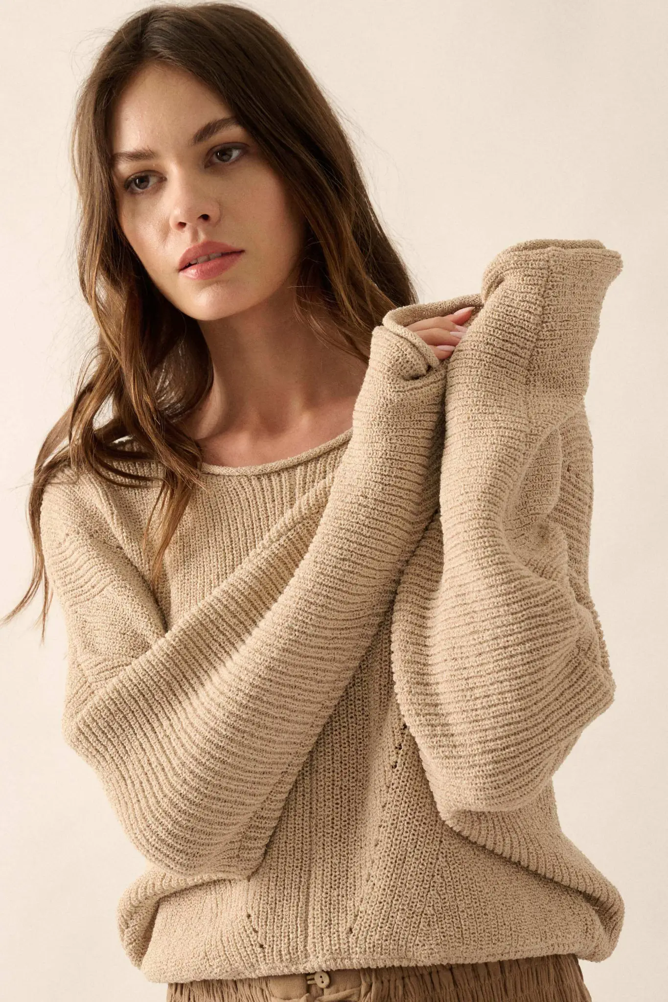Stay True Rolled Edge Pointelle Rib-Knit Sweater - Image 9