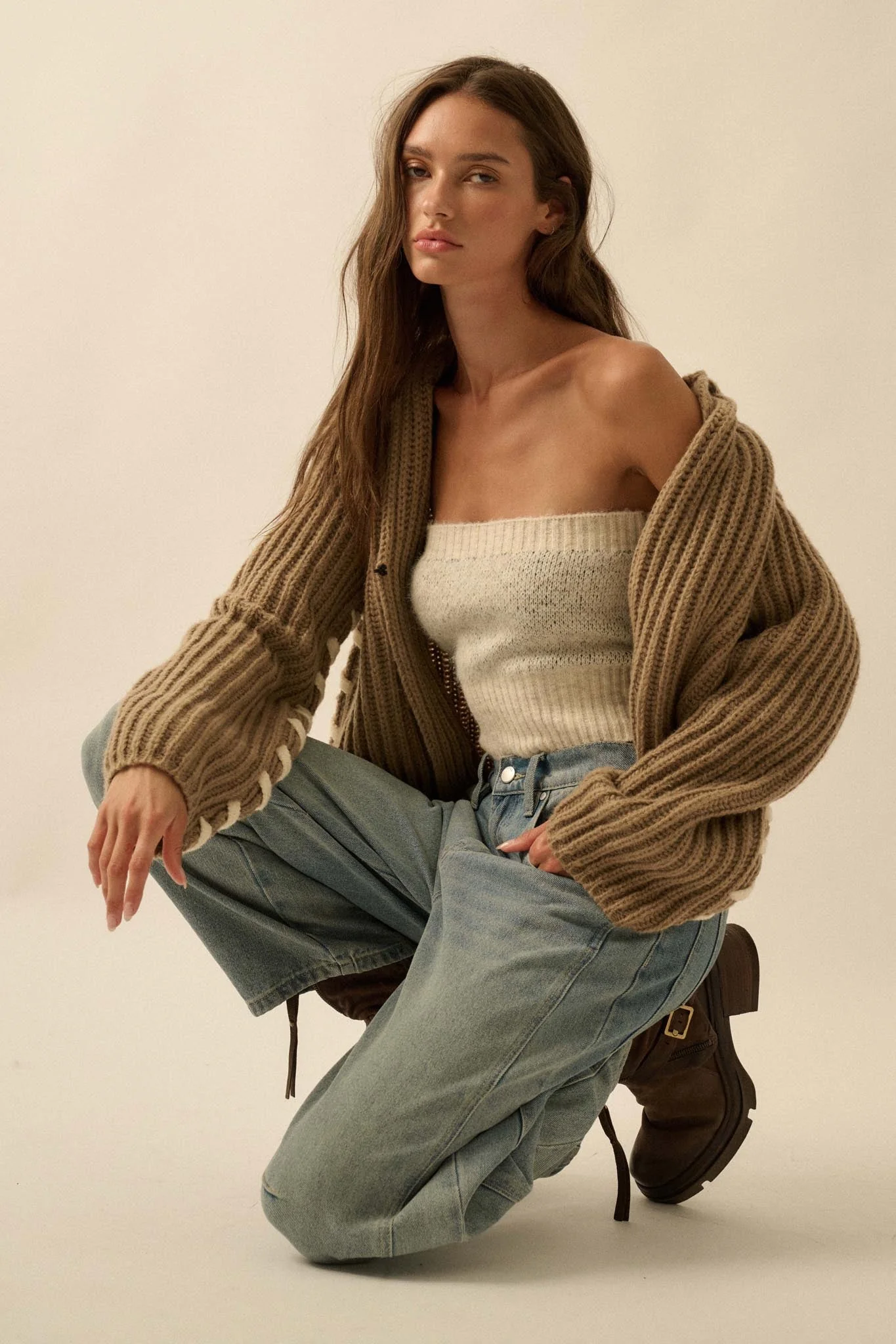 Stitch in Time Stitch-Detail Flap-Collar Cardigan - Image 7