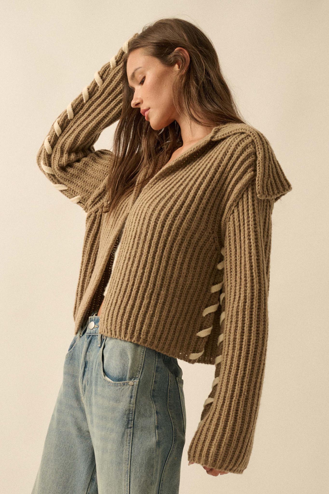 Stitch in Time Stitch-Detail Flap-Collar Cardigan - Image 8