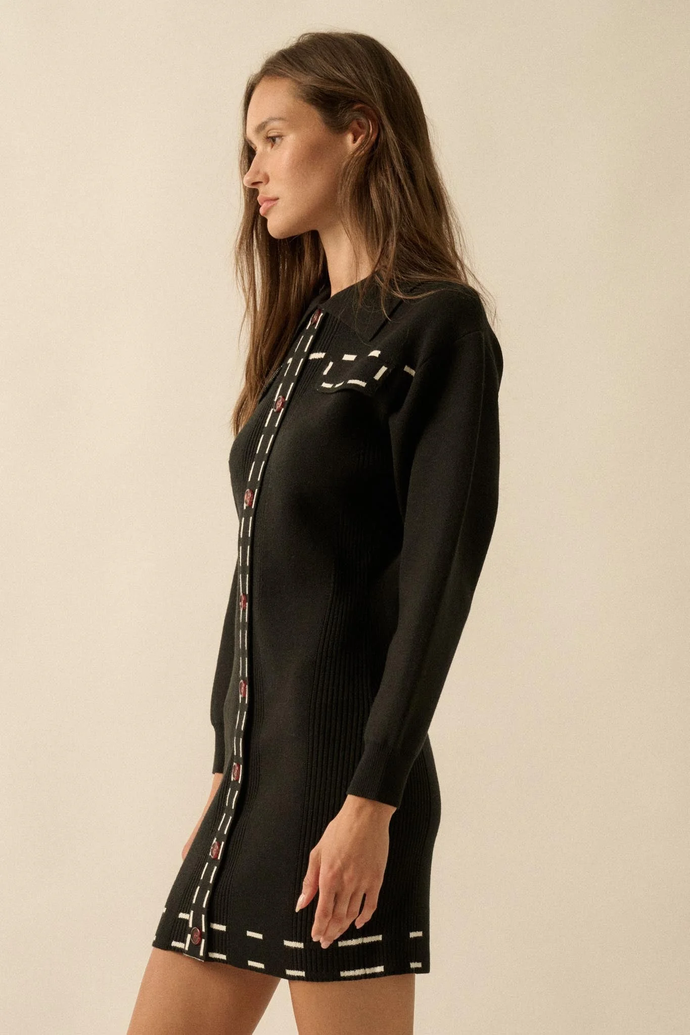 Stitch Perfect Collared Mini Sweater Shirt Dress - Image 11
