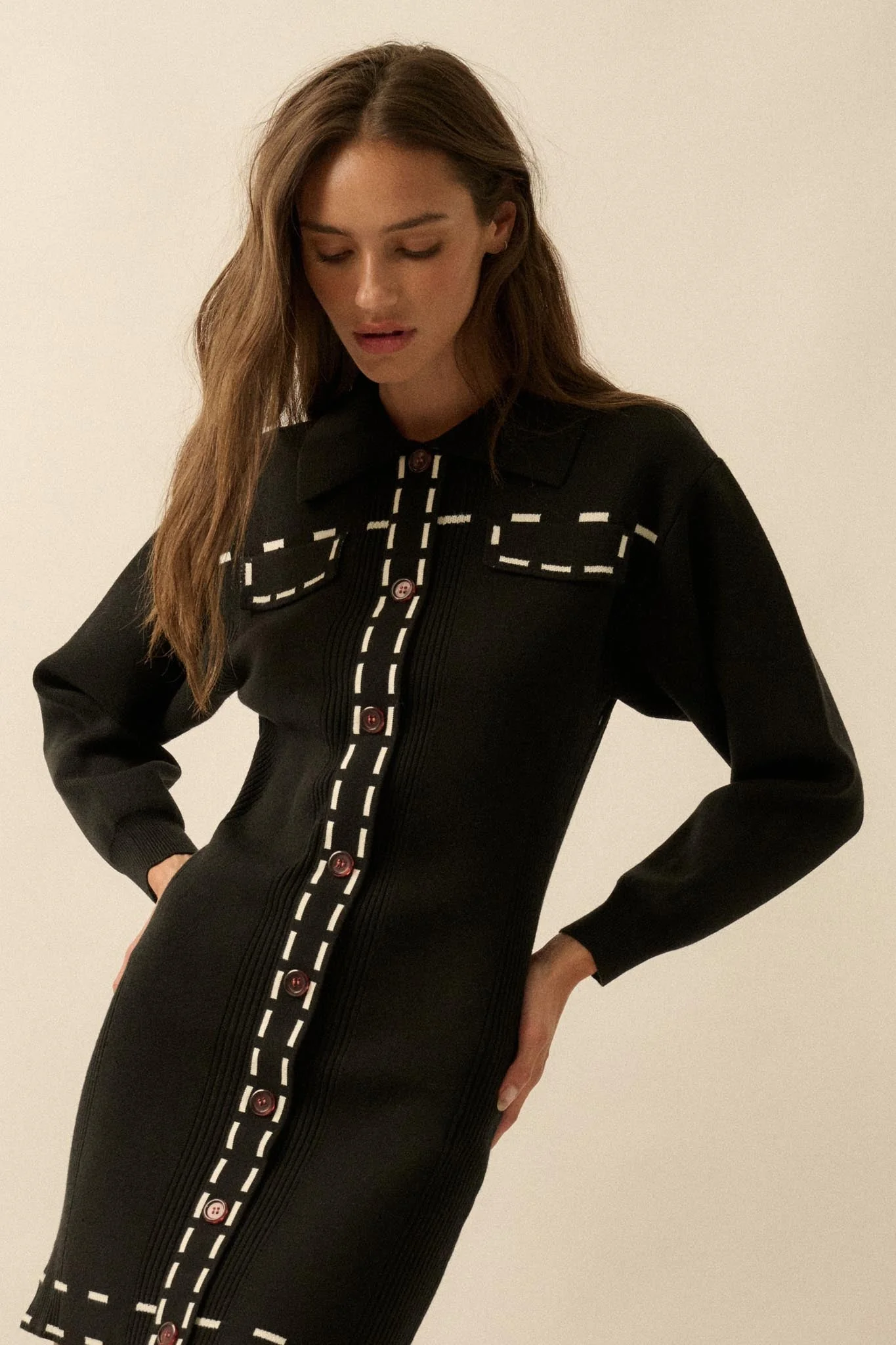 Stitch Perfect Collared Mini Sweater Shirt Dress - Image 8