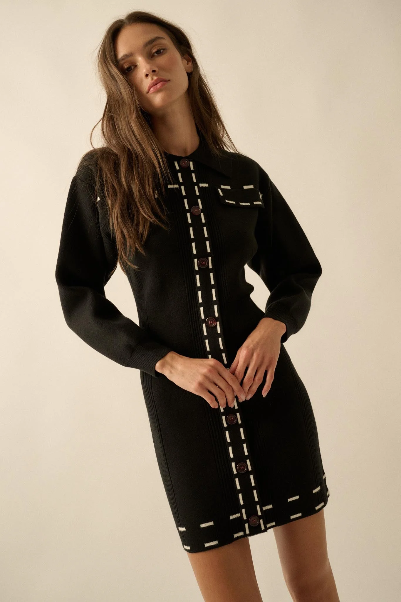 Stitch Perfect Collared Mini Sweater Shirt Dress - Image 9