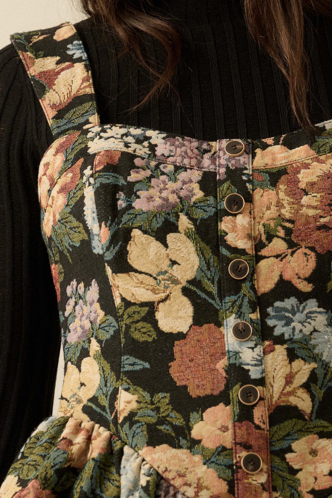 Stitched Garden Floral Tapestry Ruffle Romper Dress - Image 2