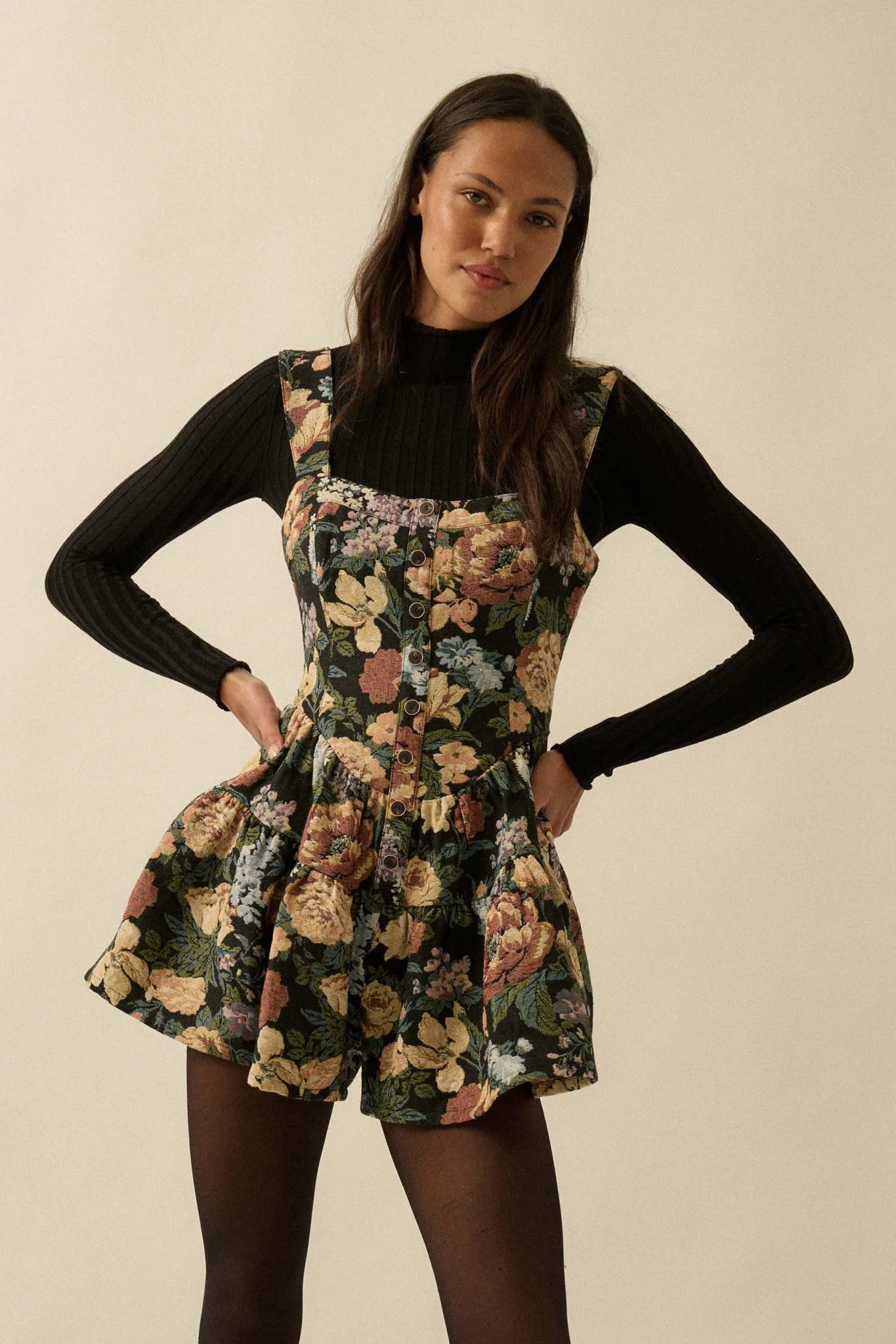 Stitched Garden Floral Tapestry Ruffle Romper Dress - Image 3