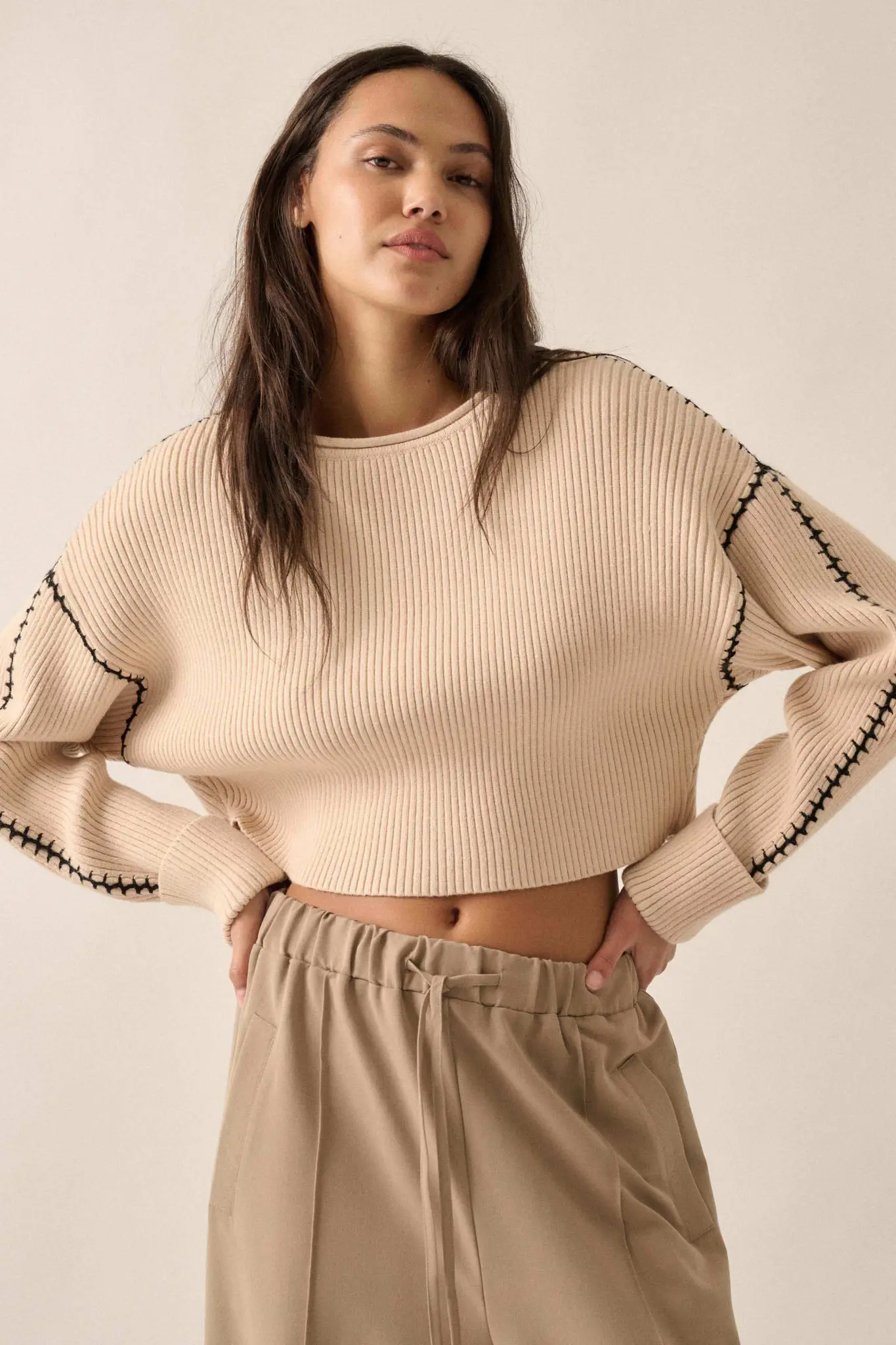 Stitched Up Cropped Blanket Stitch Sweater