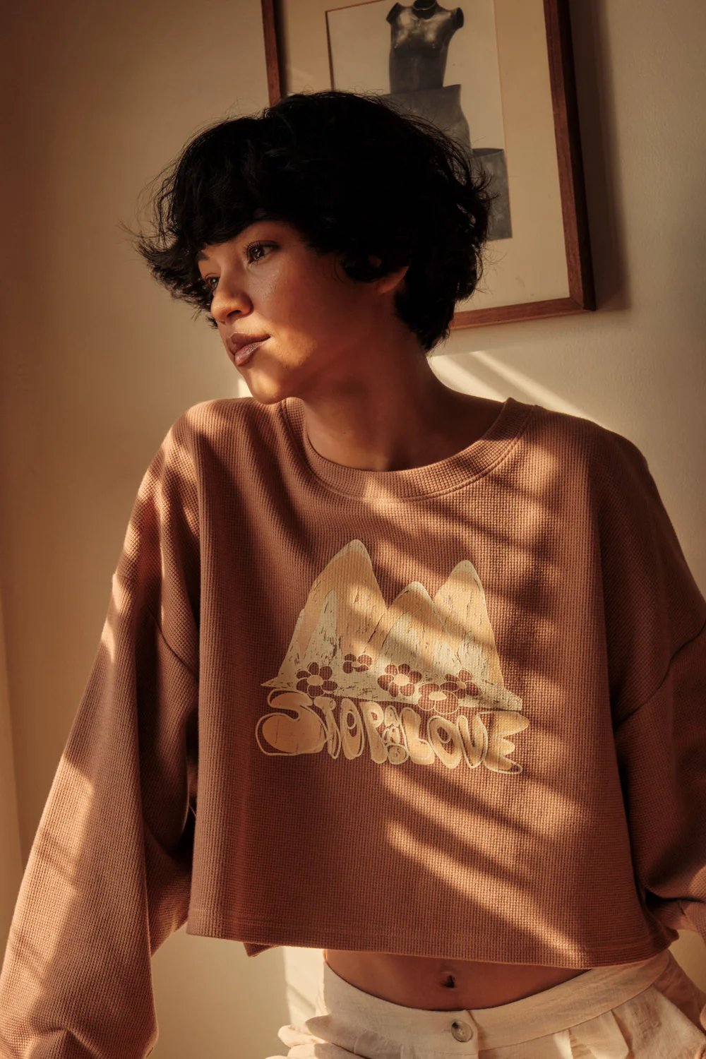 Stop and Love Cropped Thermal Graphic Top - Image 3