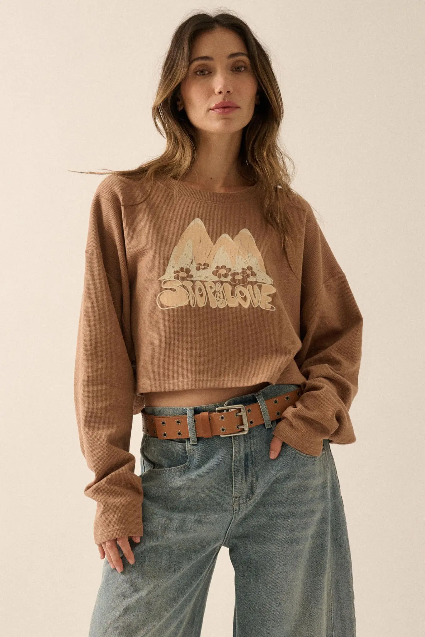 Stop and Love Cropped Thermal Graphic Top - Image 6