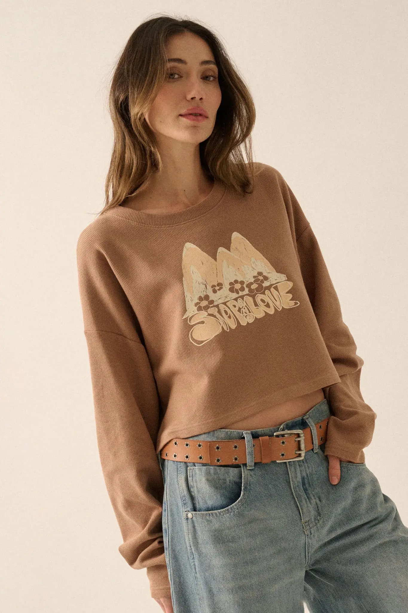 Stop and Love Cropped Thermal Graphic Top - Image 8