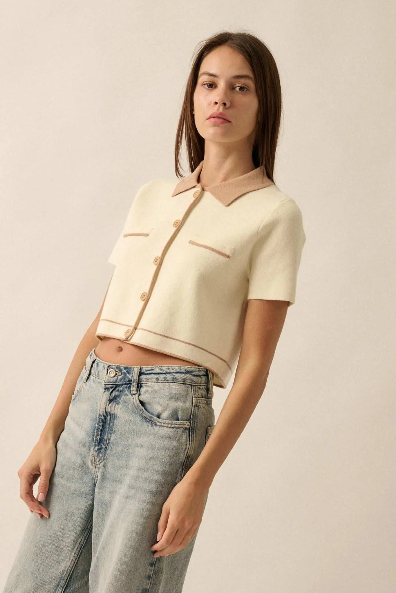 Study Break Sweater-Knit Cropped Button-Up Shirt - Image 10
