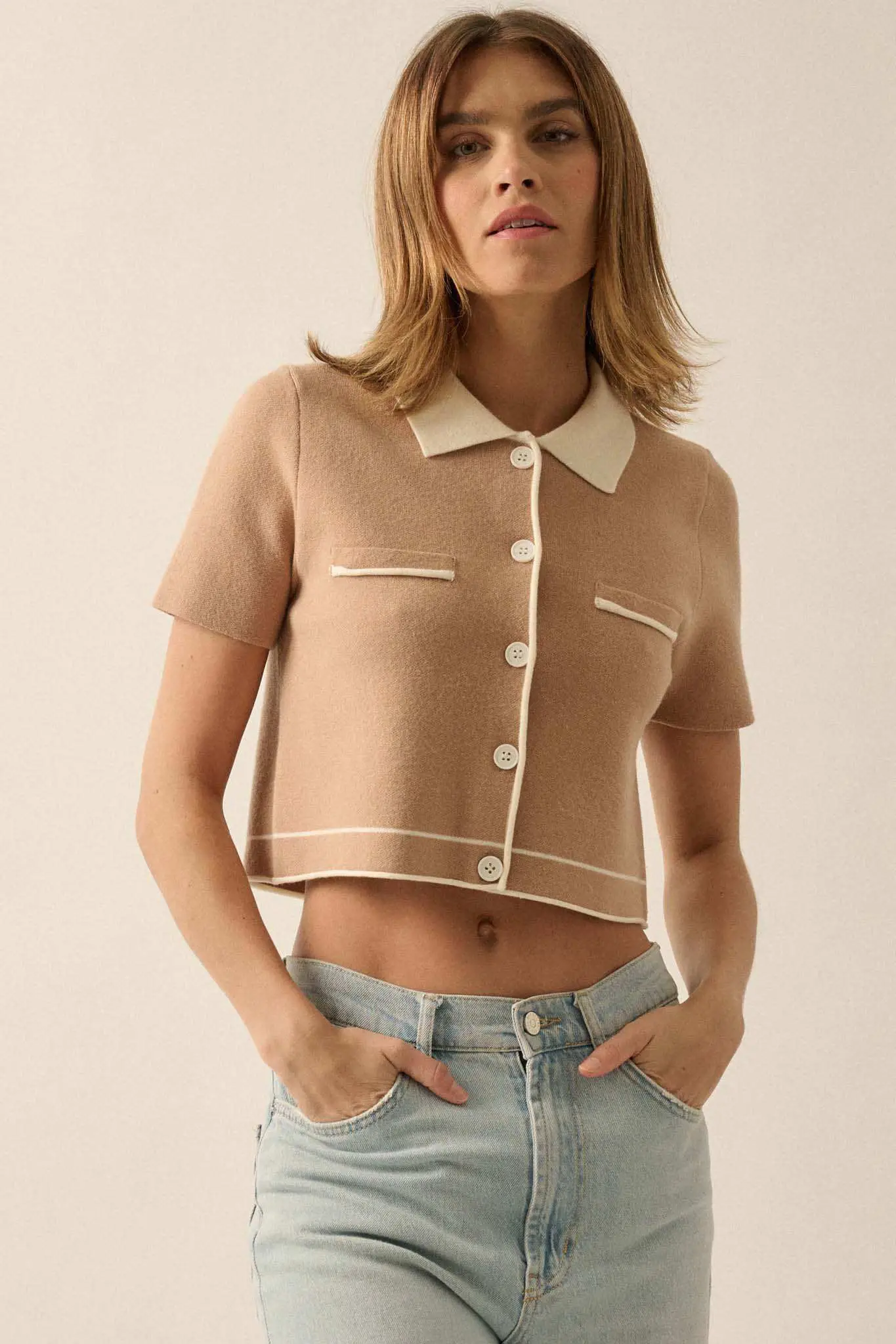 Study Break Sweater-Knit Cropped Button-Up Shirt - Image 2