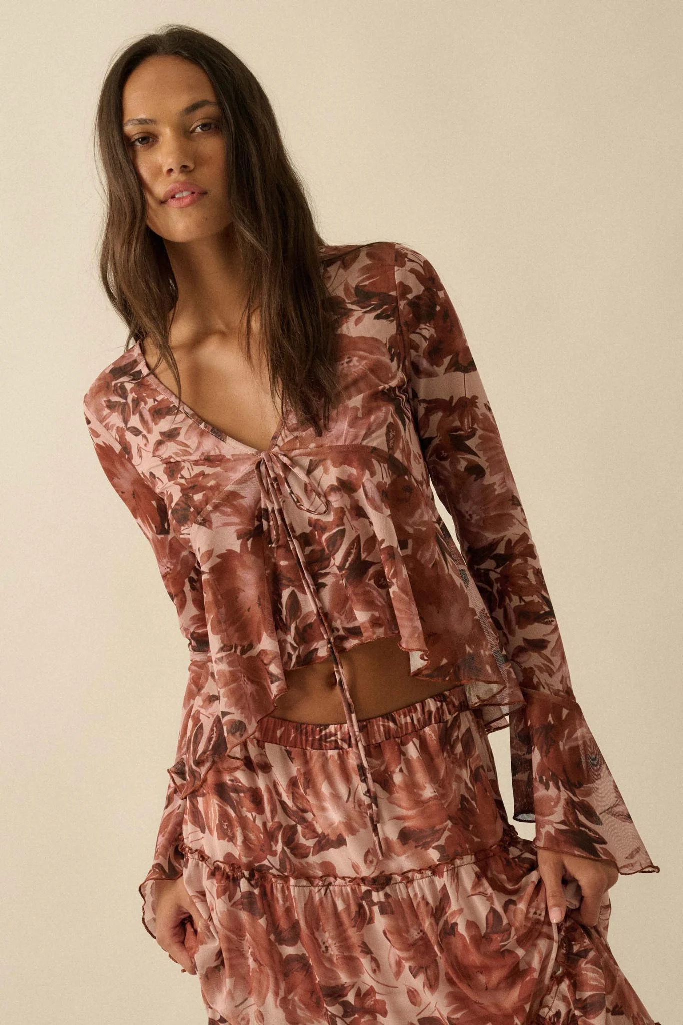 Sublime Blooms Floral Mesh Tied Bell-Sleeve Top - Image 5