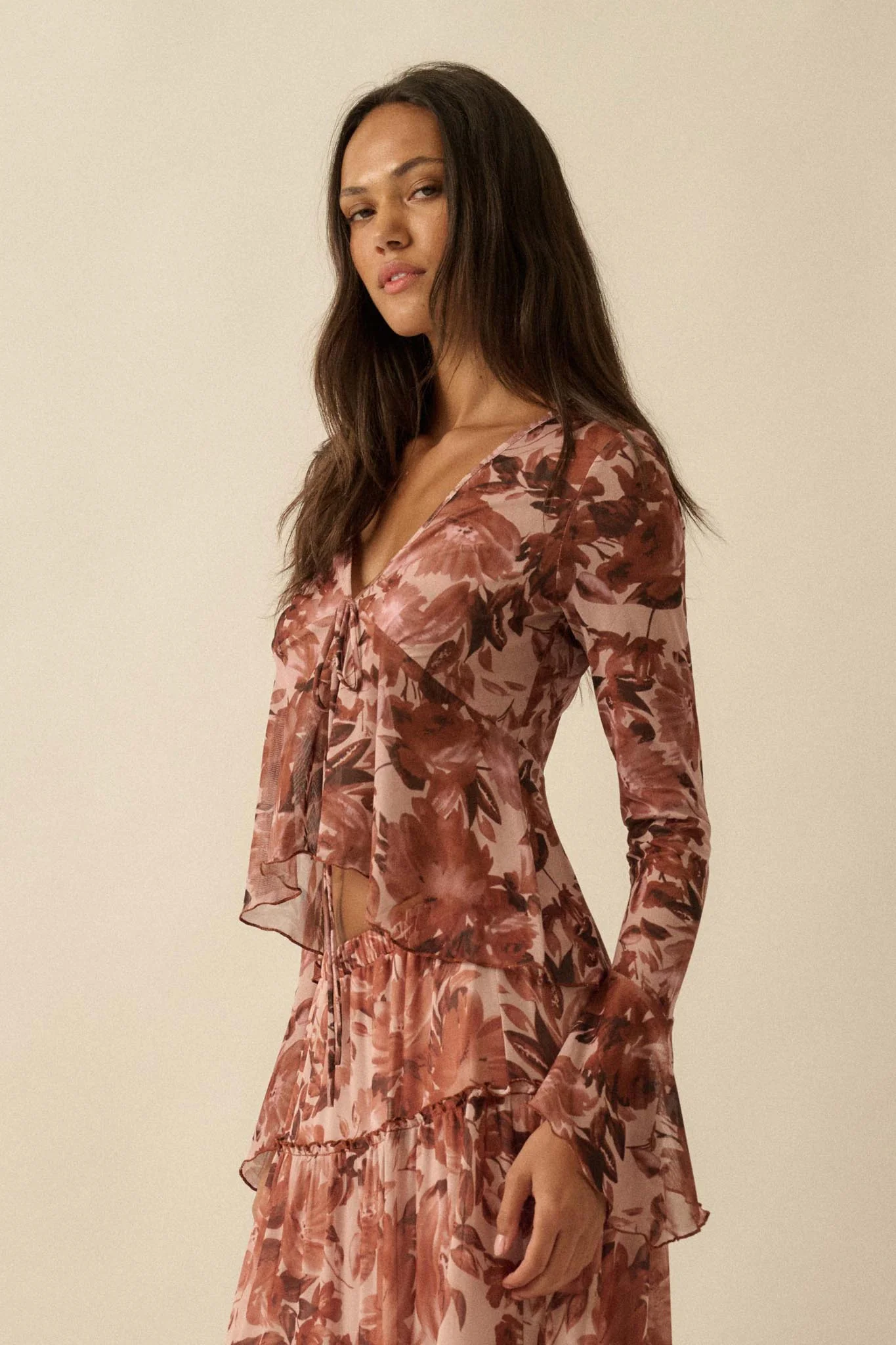 Sublime Blooms Floral Mesh Tied Bell-Sleeve Top - Image 6