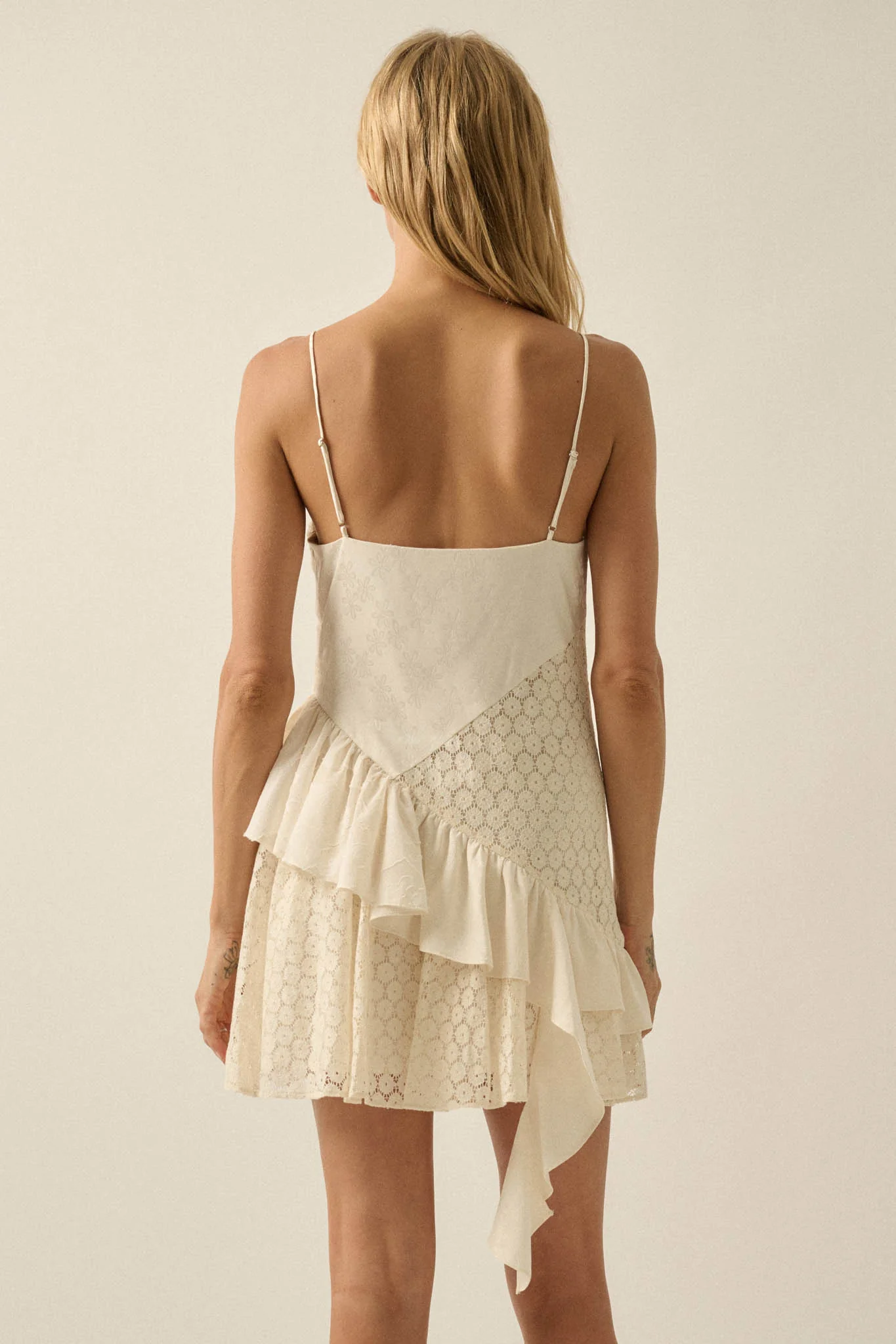 Sun City Crochet Lace Mixed Media Ruffle Mini Dress - Image 9