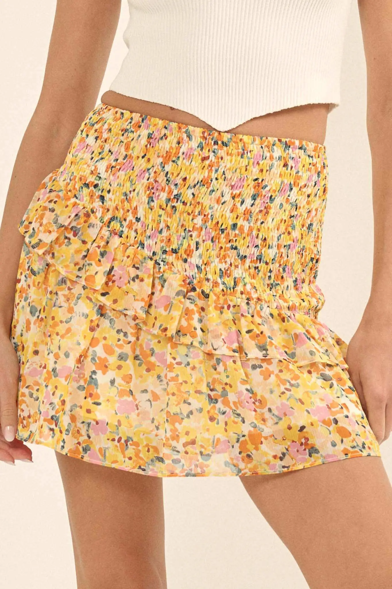 Sun Lover Smocked Floral Chiffon Ruffled Mini Skirt - Image 4