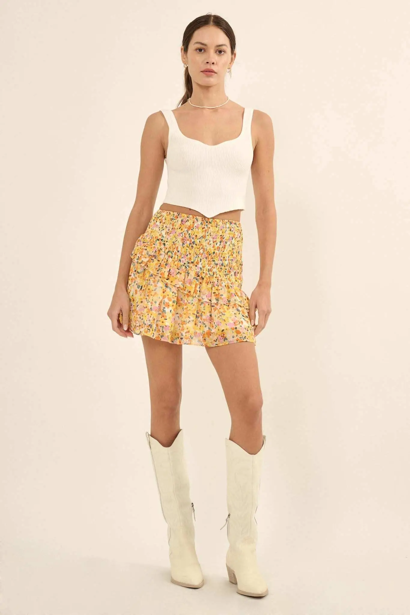 Sun Lover Smocked Floral Chiffon Ruffled Mini Skirt - Image 5