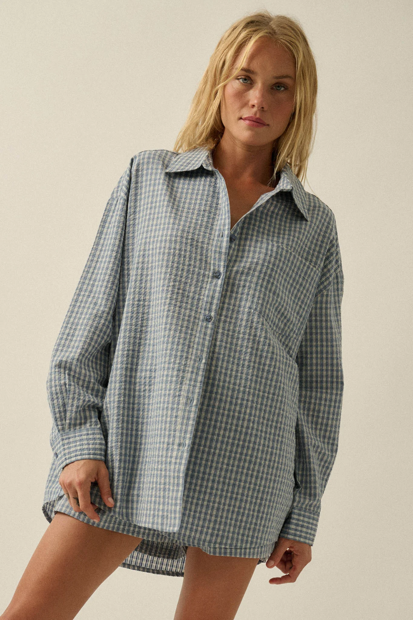 Sunday Funday Plaid Seersucker Button-Up Shirt - Image 5