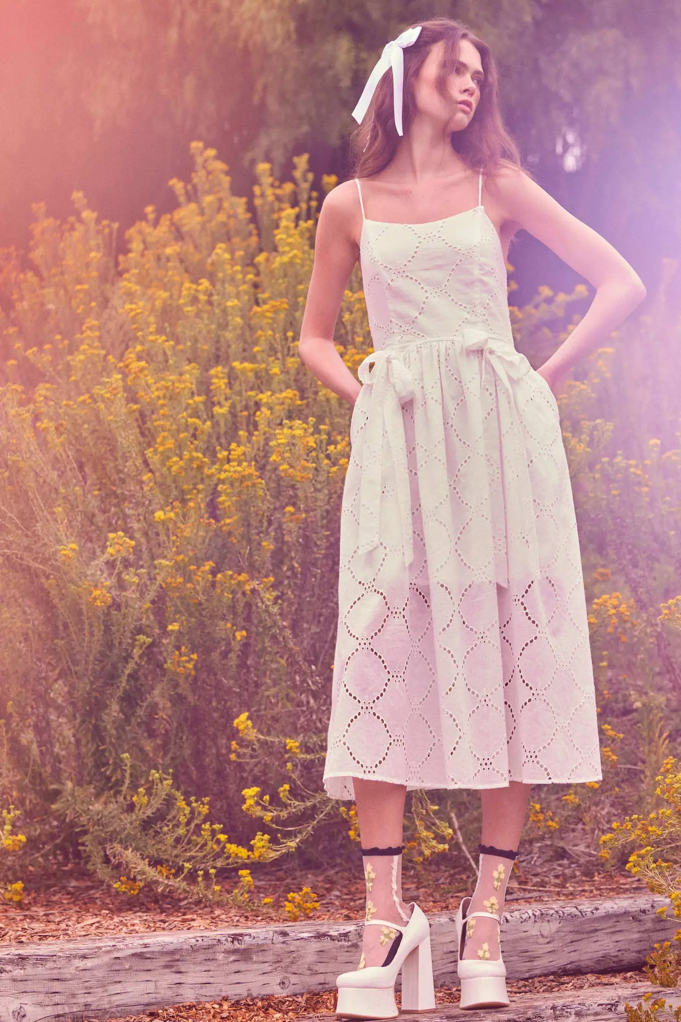 Sunday Girl Eyelet Lace Bow-Detail Midi Dress - Image 2