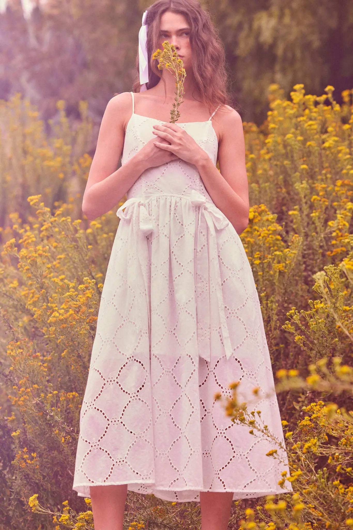 Sunday Girl Eyelet Lace Bow-Detail Midi Dress - Image 3