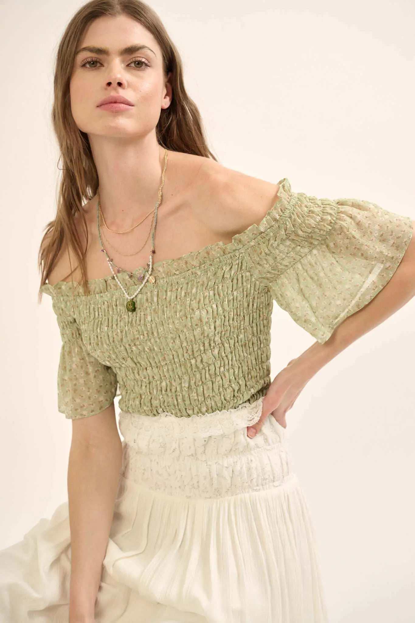 Sunlit Glade Smocked Floral Off-Shoulder Top - Image 3
