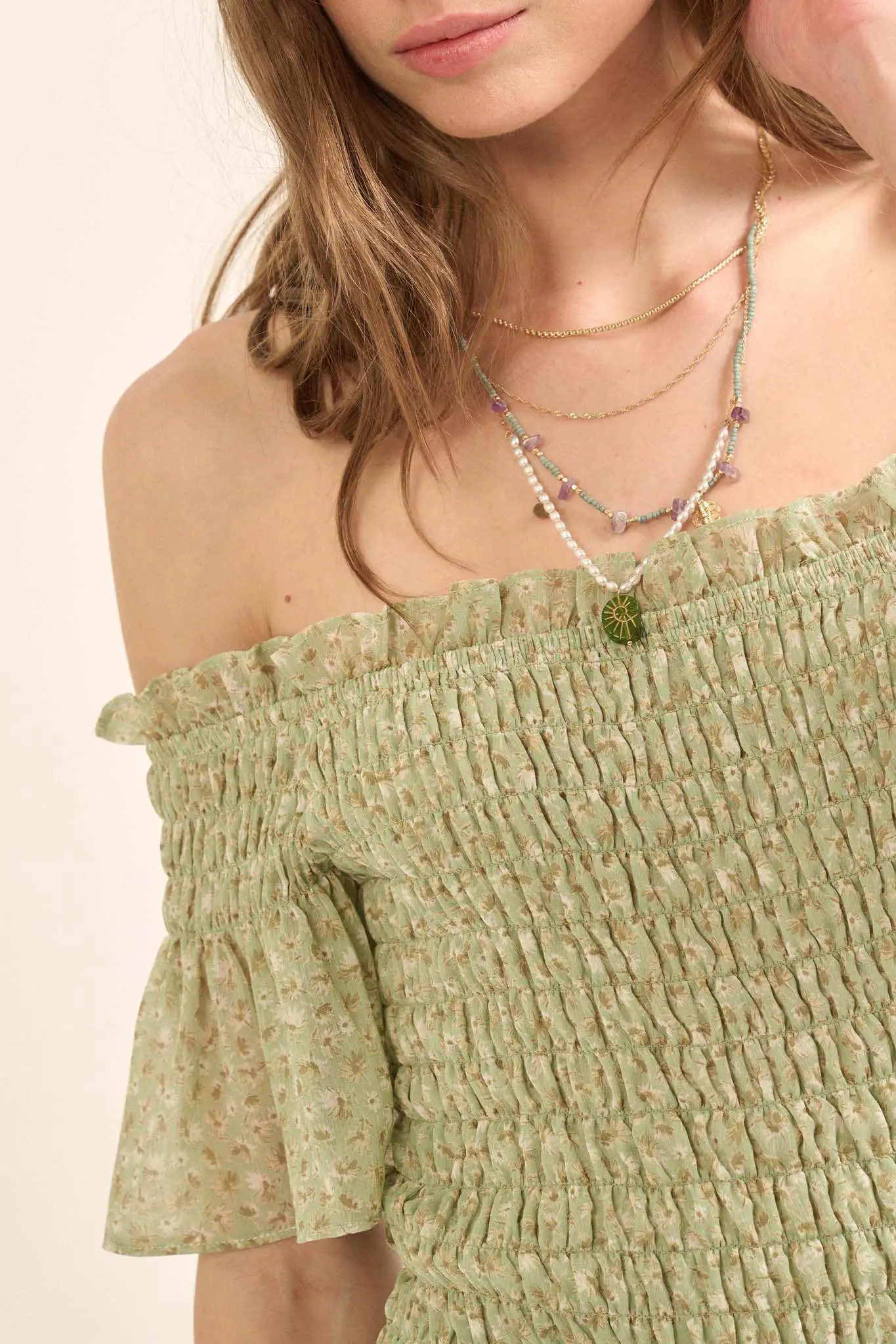 Sunlit Glade Smocked Floral Off-Shoulder Top - Image 4