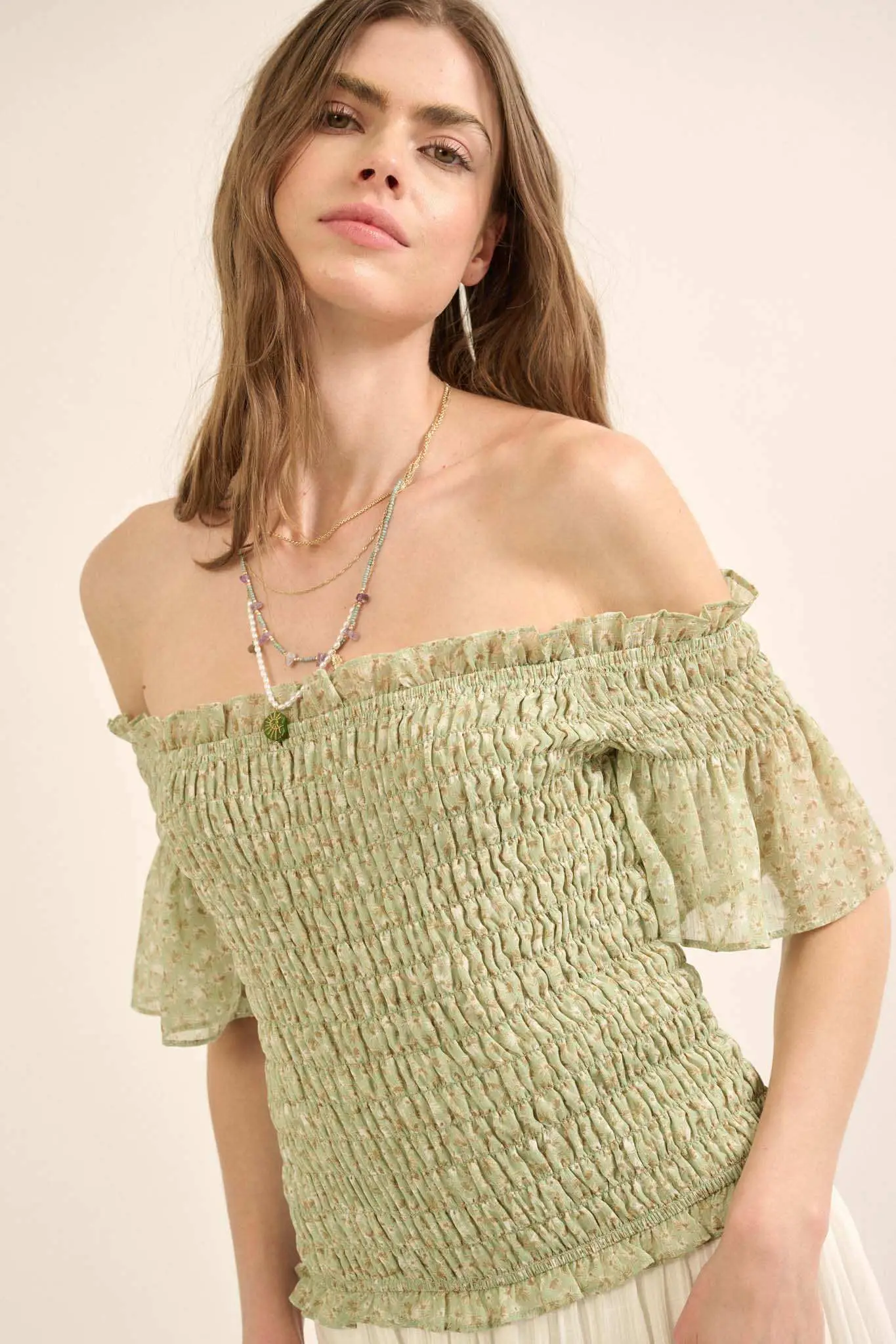 Sunlit Glade Smocked Floral Off-Shoulder Top - Image 5