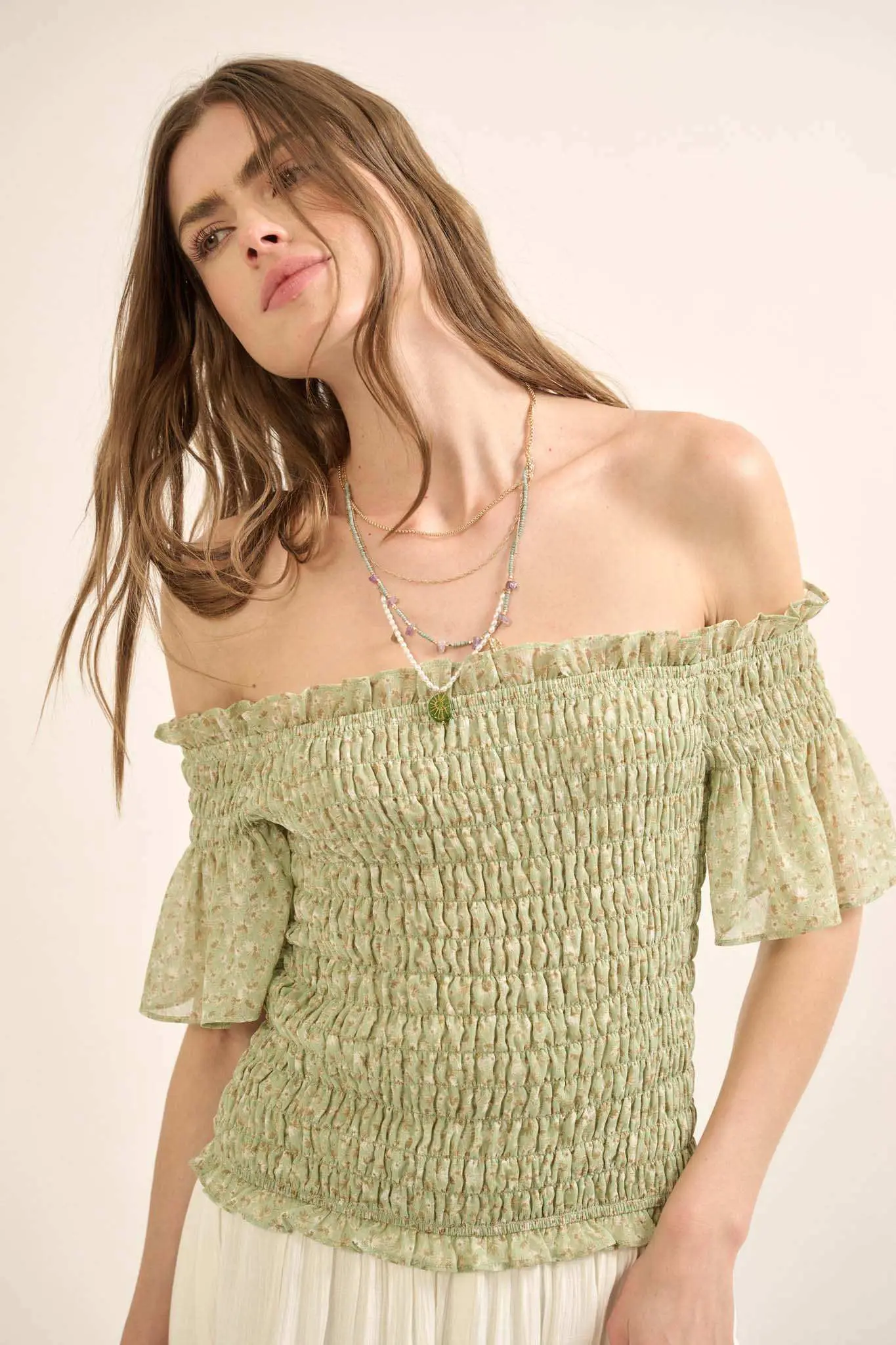 Sunlit Glade Smocked Floral Off-Shoulder Top - Image 7