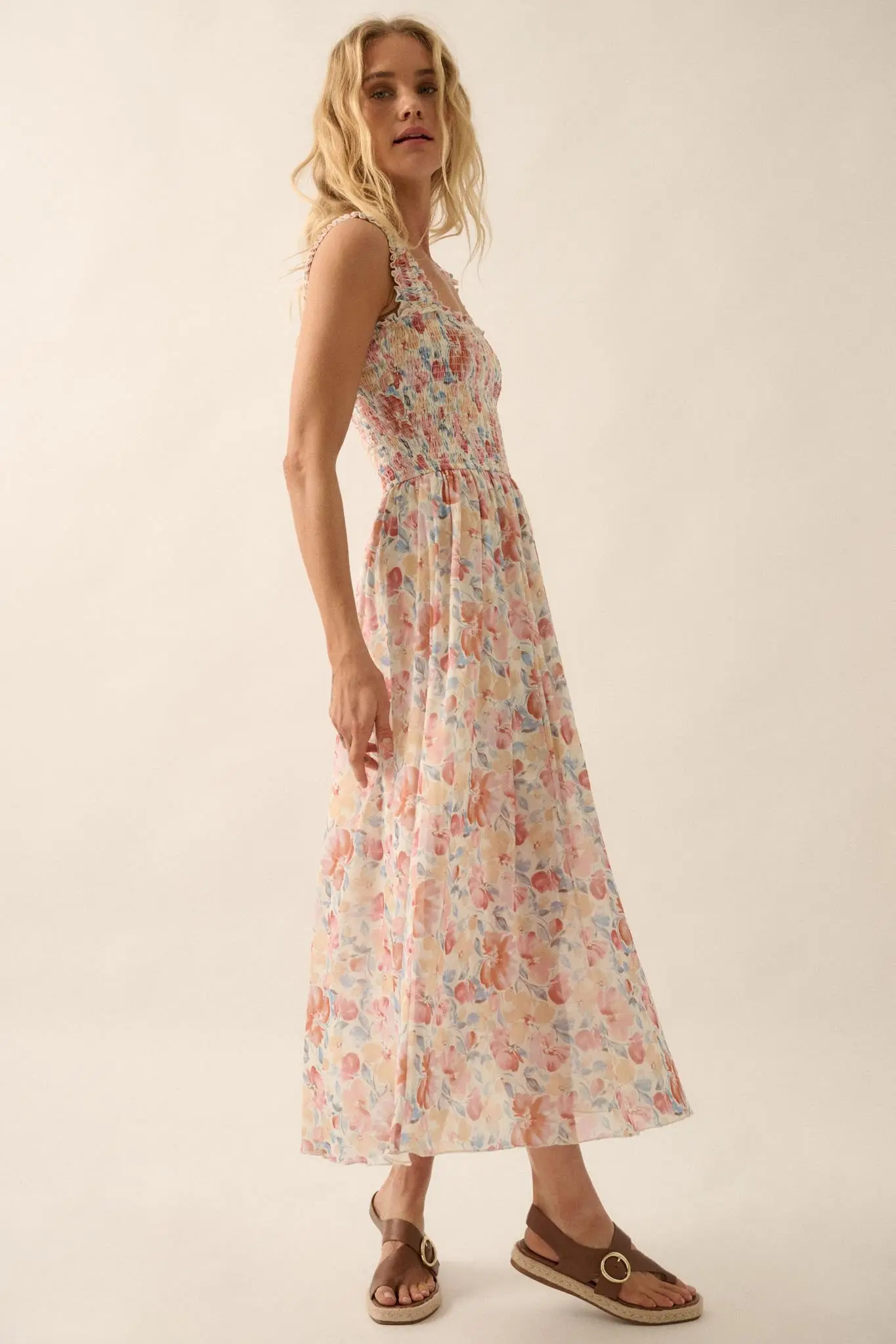 Sunny Day Bouquet Smocked Floral Mesh Maxi Dress - Image 6