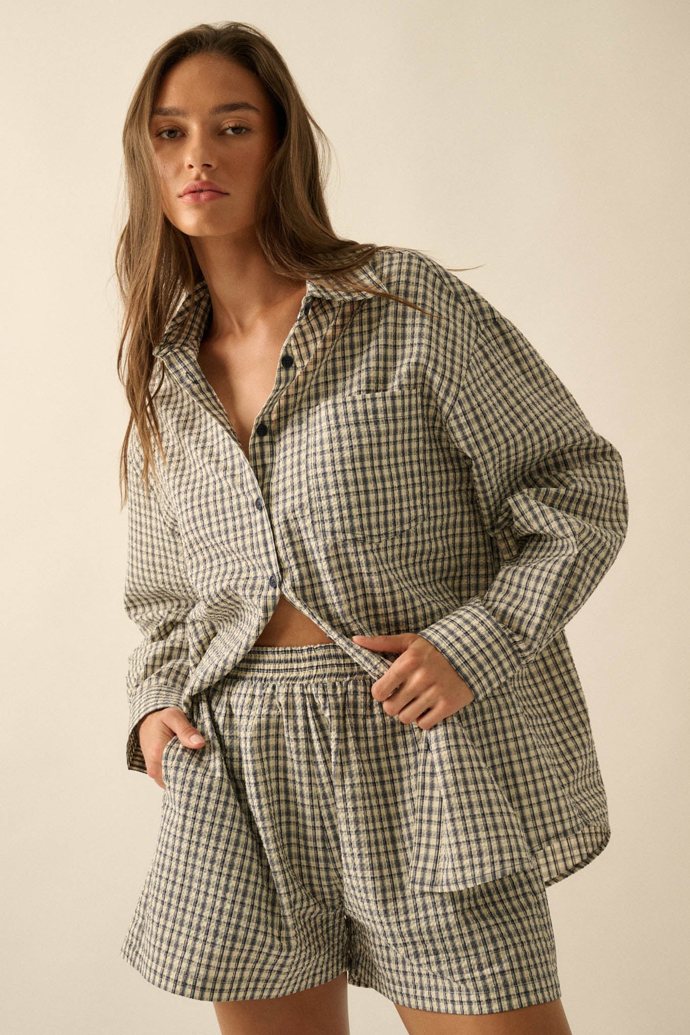 Sunny Sunday Plaid Seersucker Pleated Shorts - Image 8