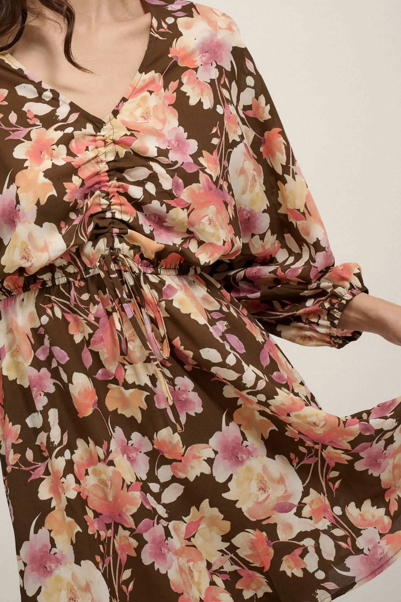 Sunset Garden Floral Ruched Drawstring Mini Dress - Image 4