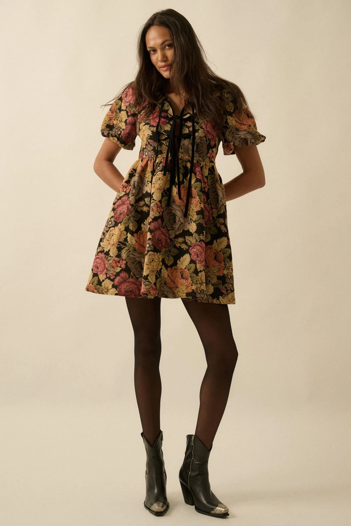Sunset Harvest Floral Tapestry Babydoll Mini Dress